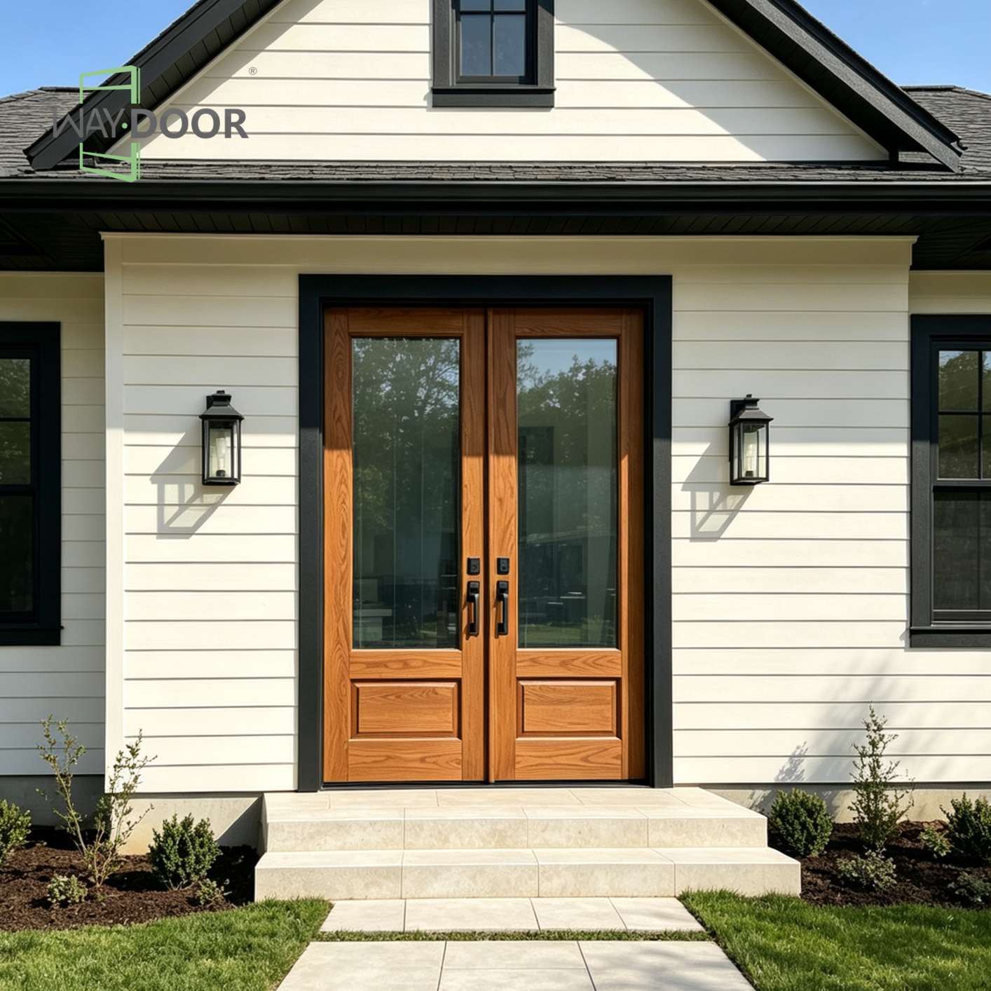 Solid Wood Clear Glass Double Hinged Entry Door