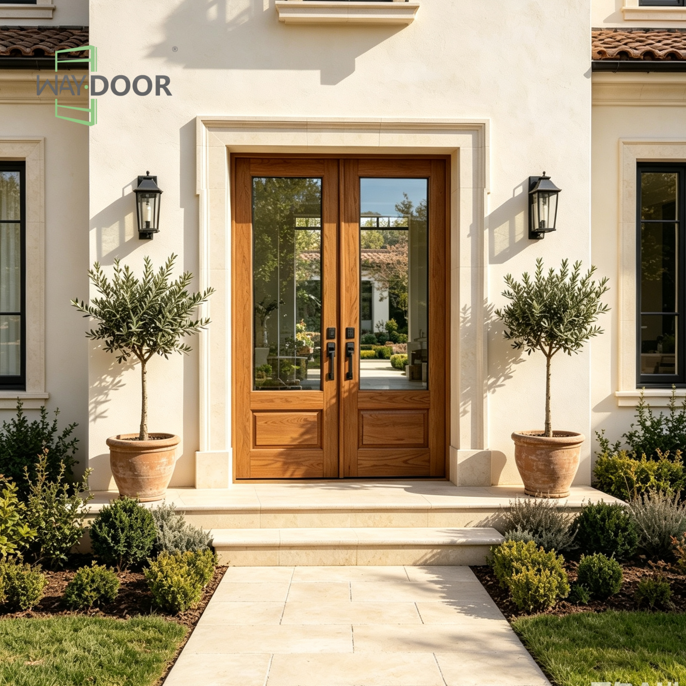 Solid Wood Clear Glass Double Hinged Entry Door
