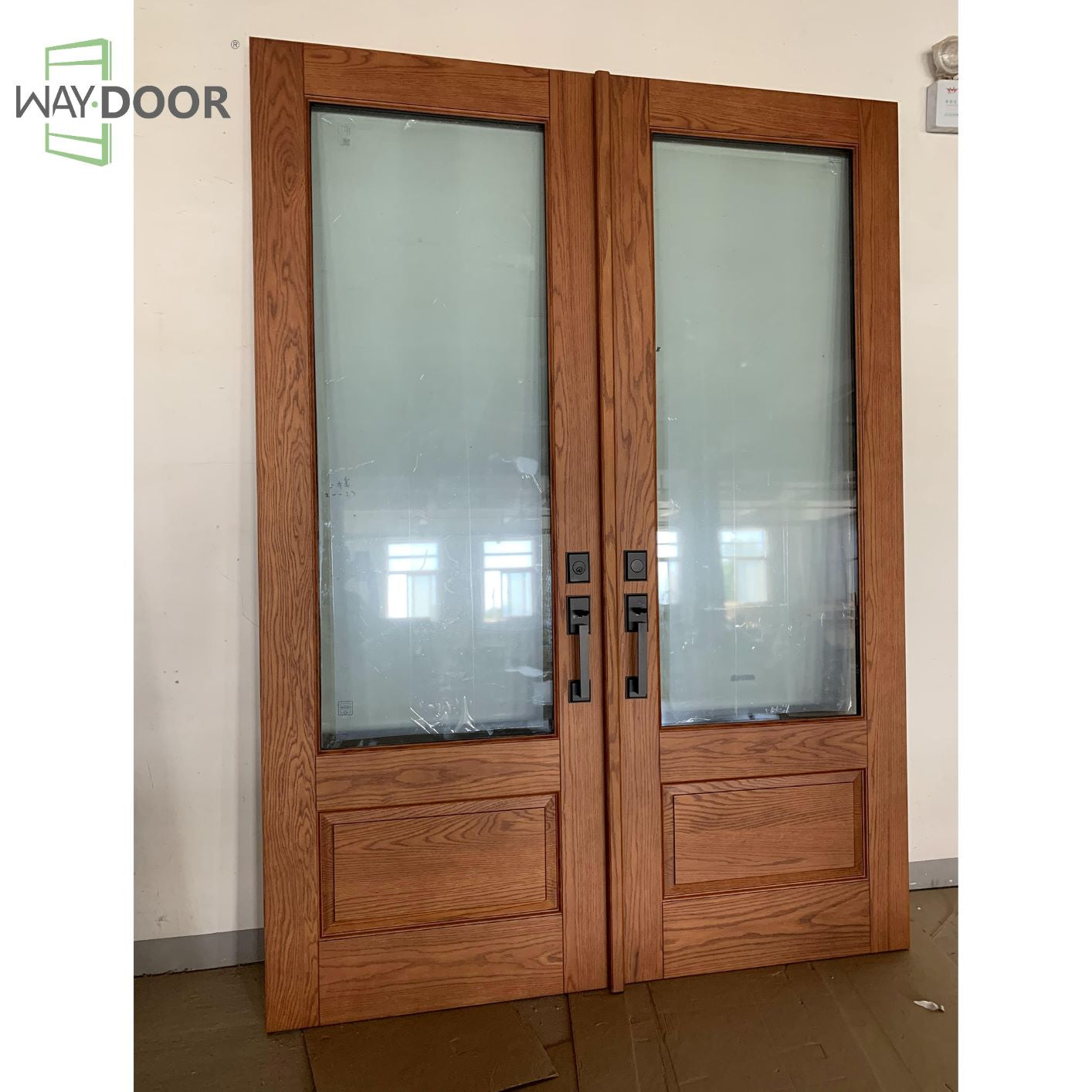 Solid Wood Clear Glass Double Hinged Entry Door