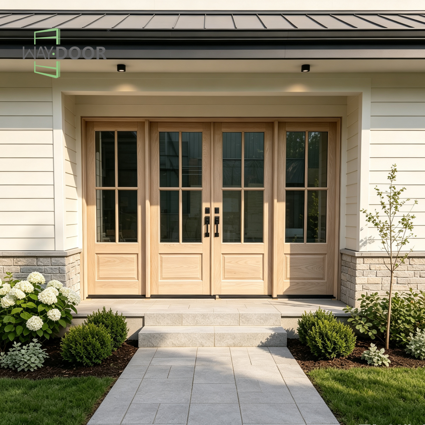 Solid Wood Clear Glass Hinged Exterior Double Door with Sidelites
