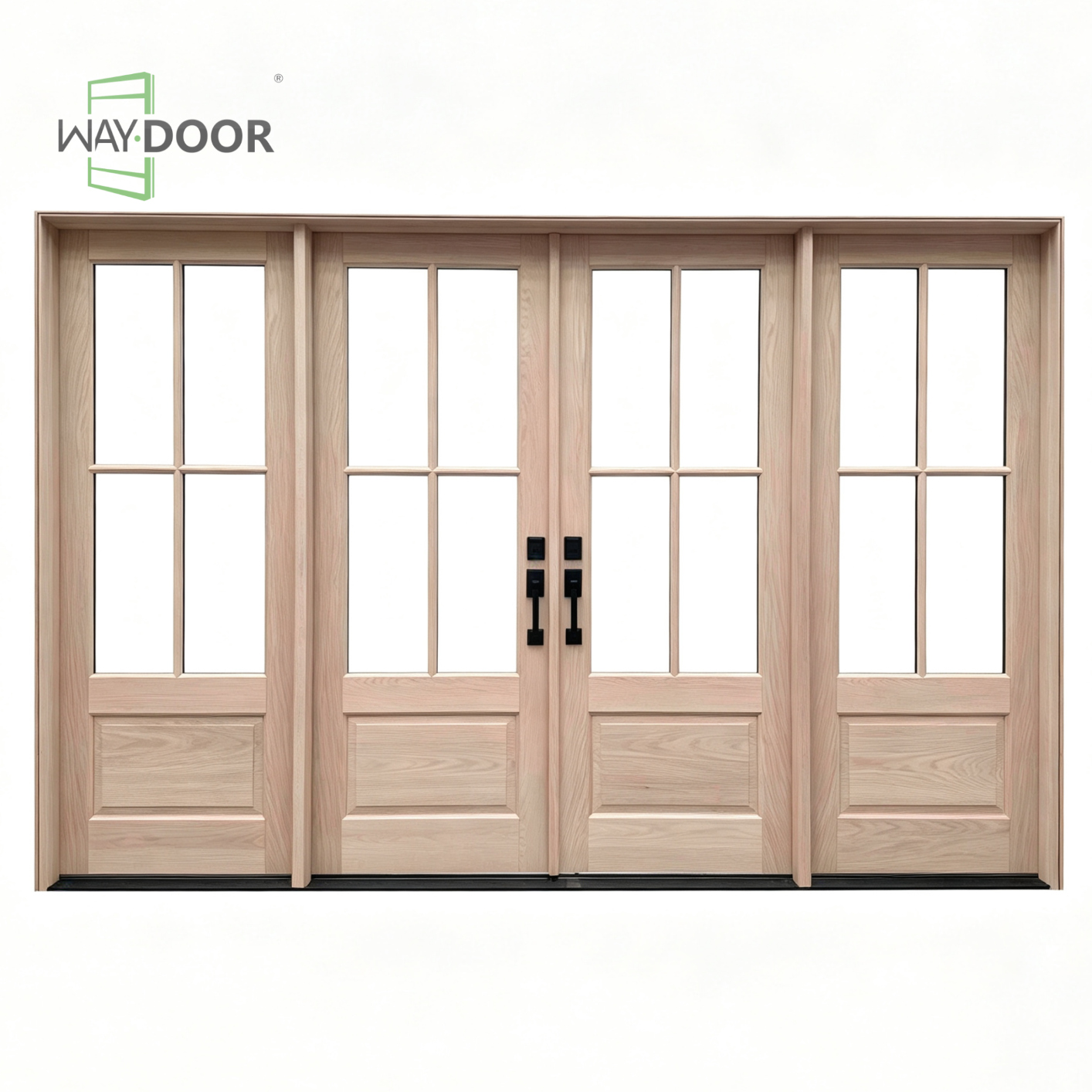 Solid Wood Clear Glass Hinged Exterior Double Door with Sidelites