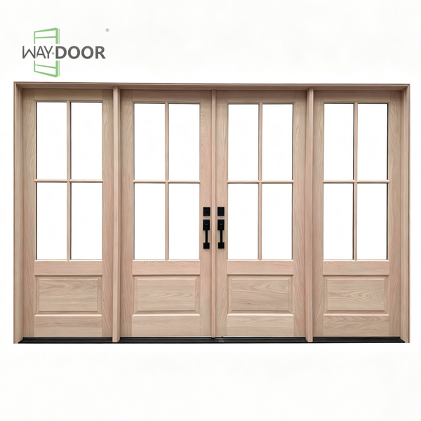 Solid Wood Clear Glass Hinged Exterior Double Door with Sidelites