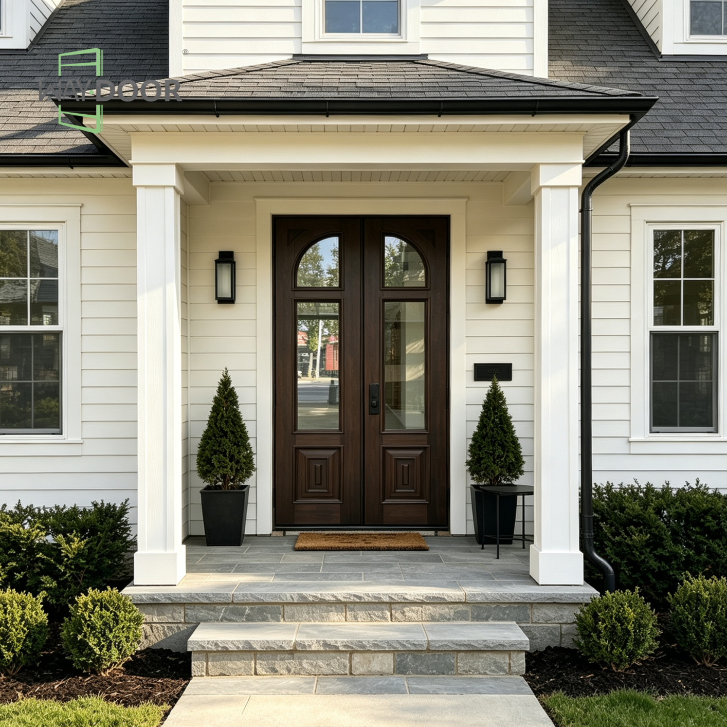 Solid Wood Double Entry Door with Clear Arched Glass