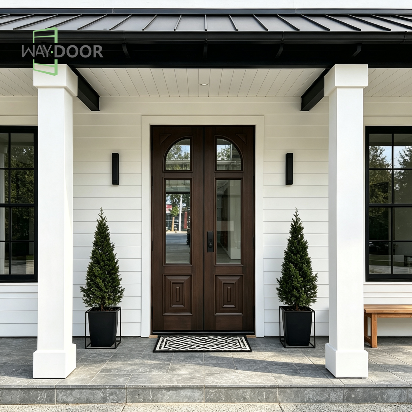 Solid Wood Double Entry Door with Clear Arched Glass