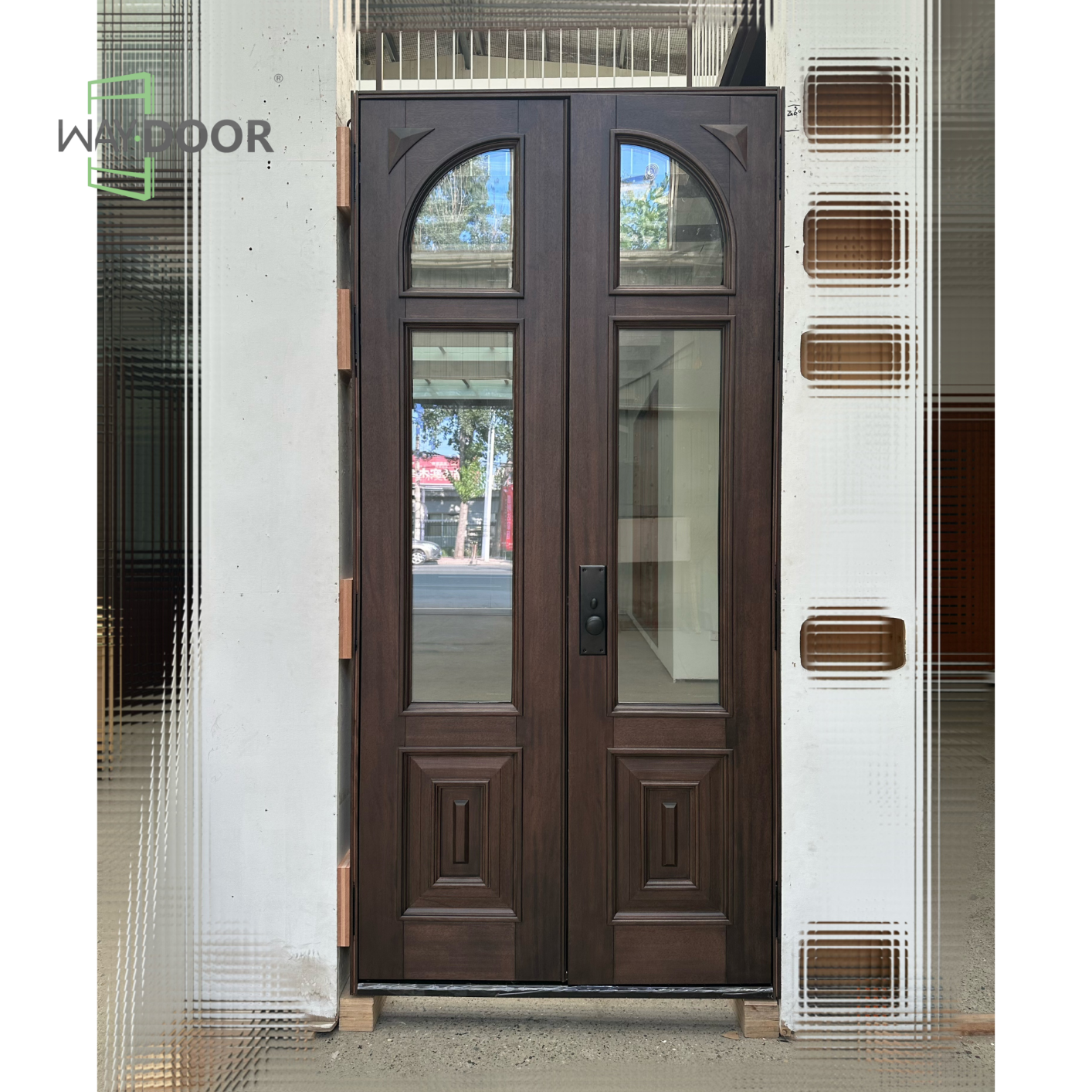 Solid Wood Double Entry Door with Clear Arched Glass