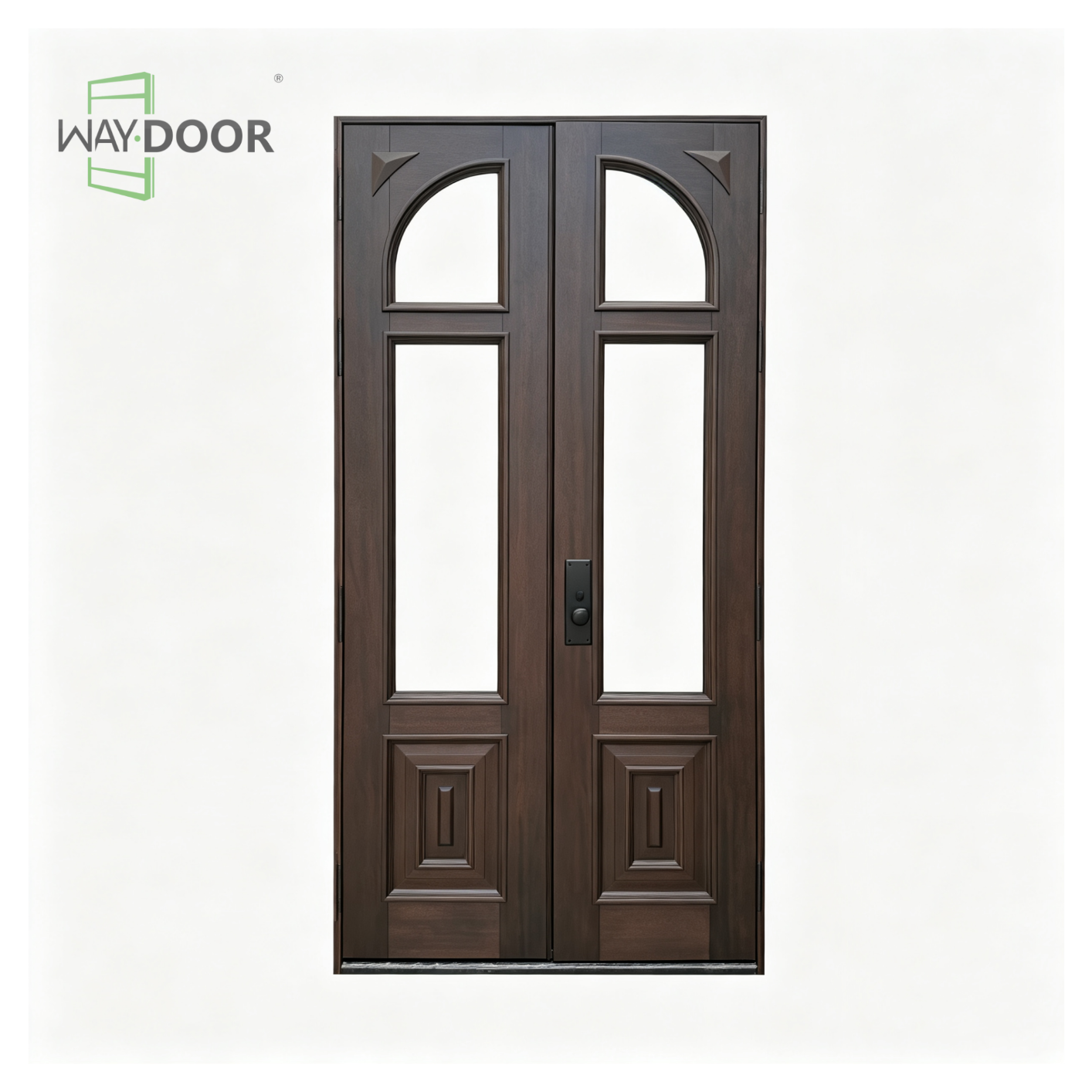 Solid Wood Double Entry Door with Clear Arched Glass