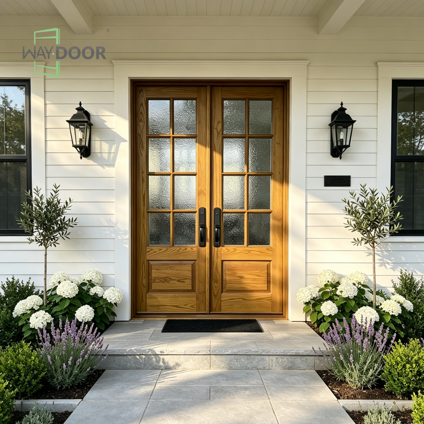 Solid Wood Double Entry Door with Textured Privacy Glass