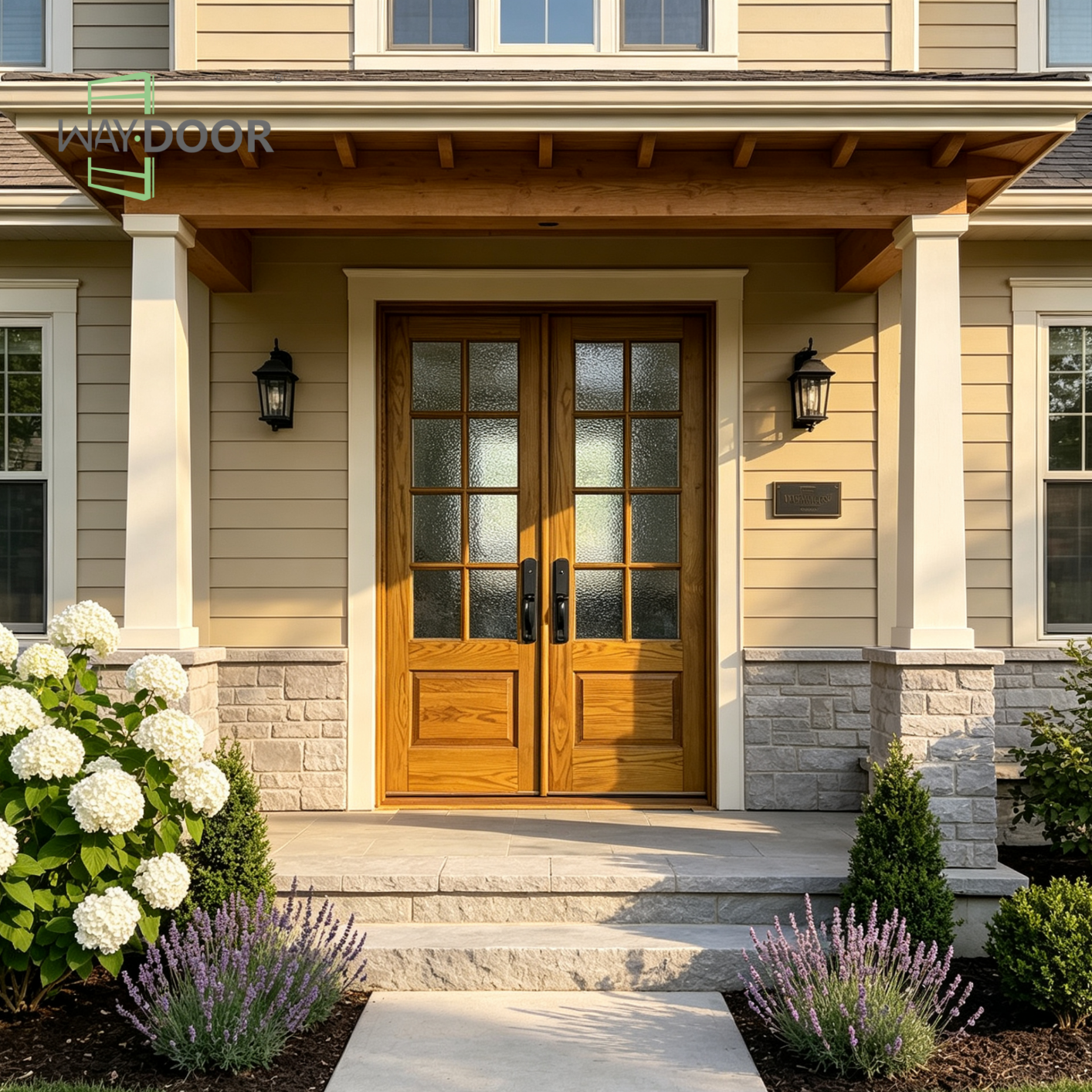 Solid Wood Double Entry Door with Textured Privacy Glass