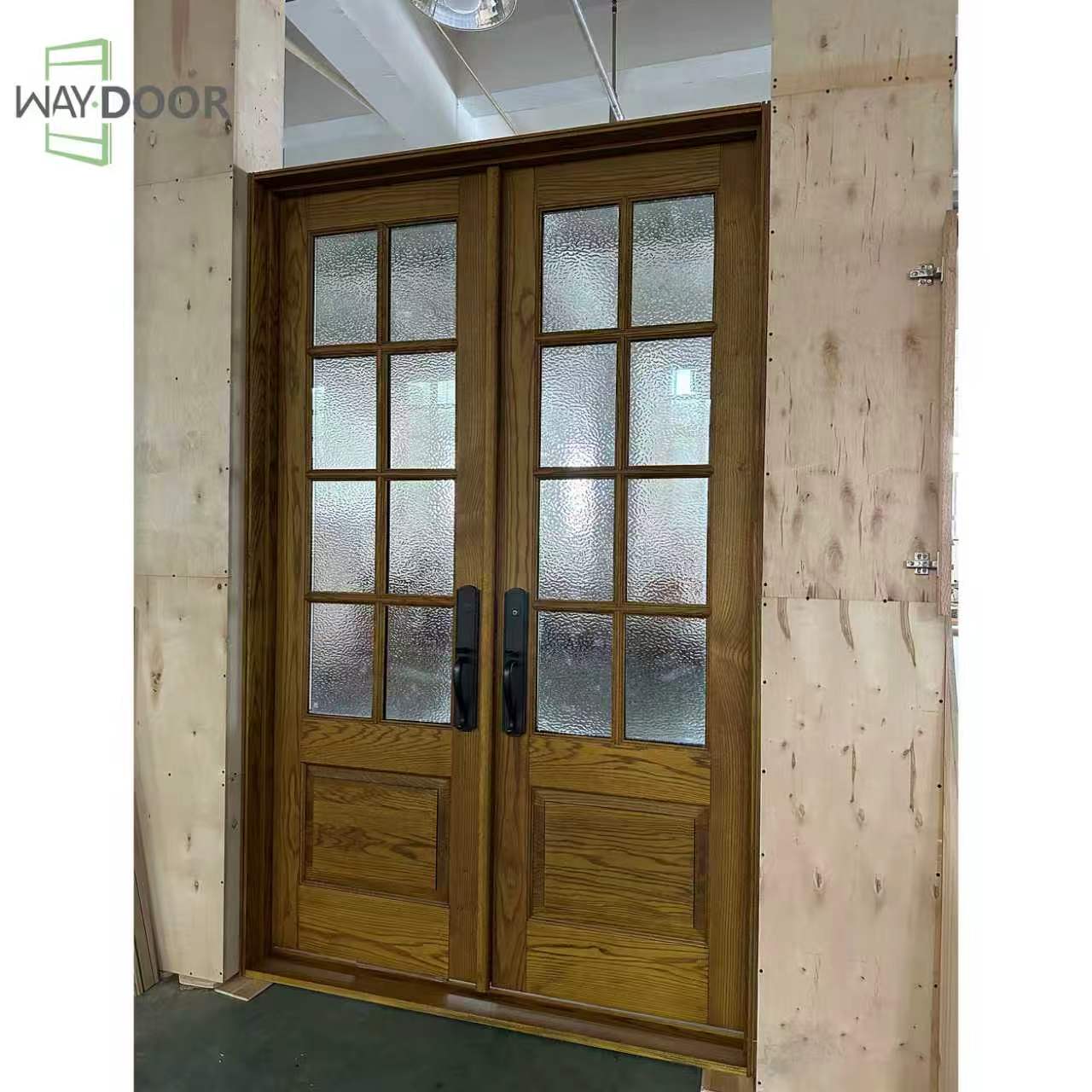 Solid Wood Double Entry Door with Textured Privacy Glass