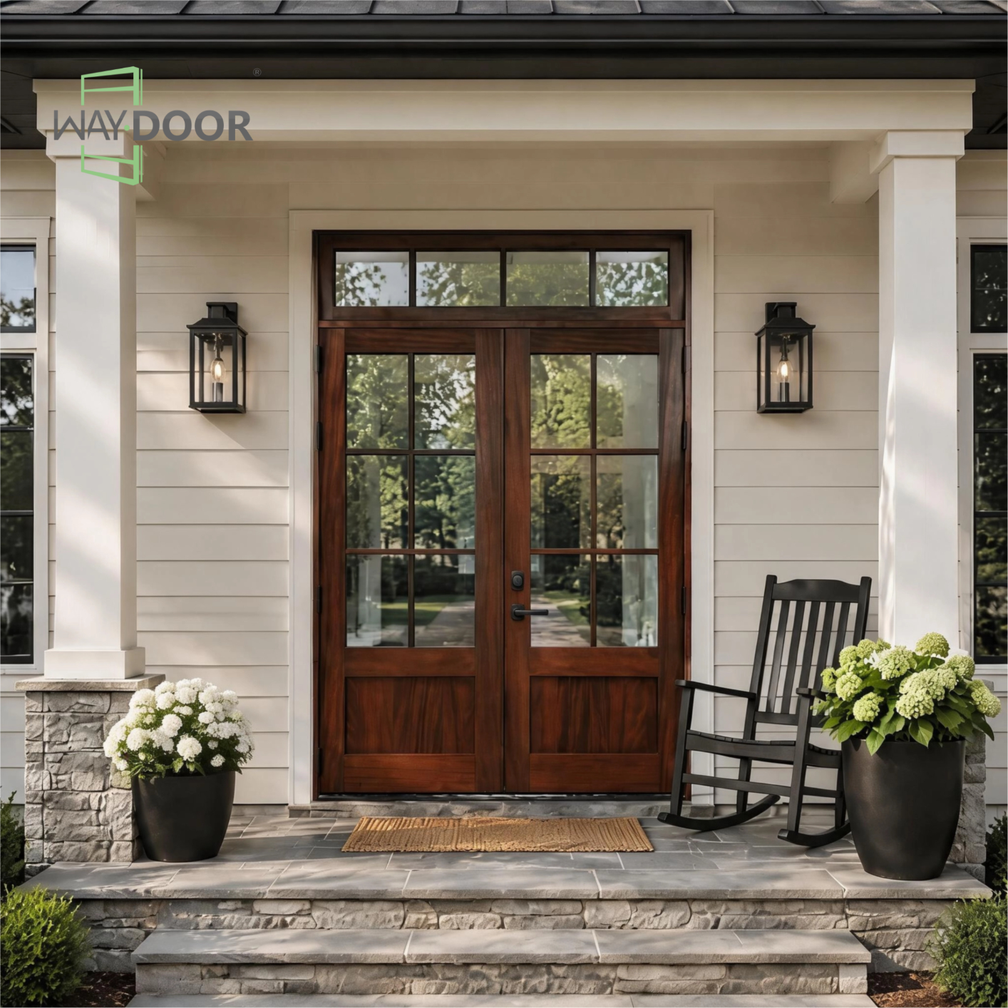 Solid Wood Double Hinged Entry Door with Transom