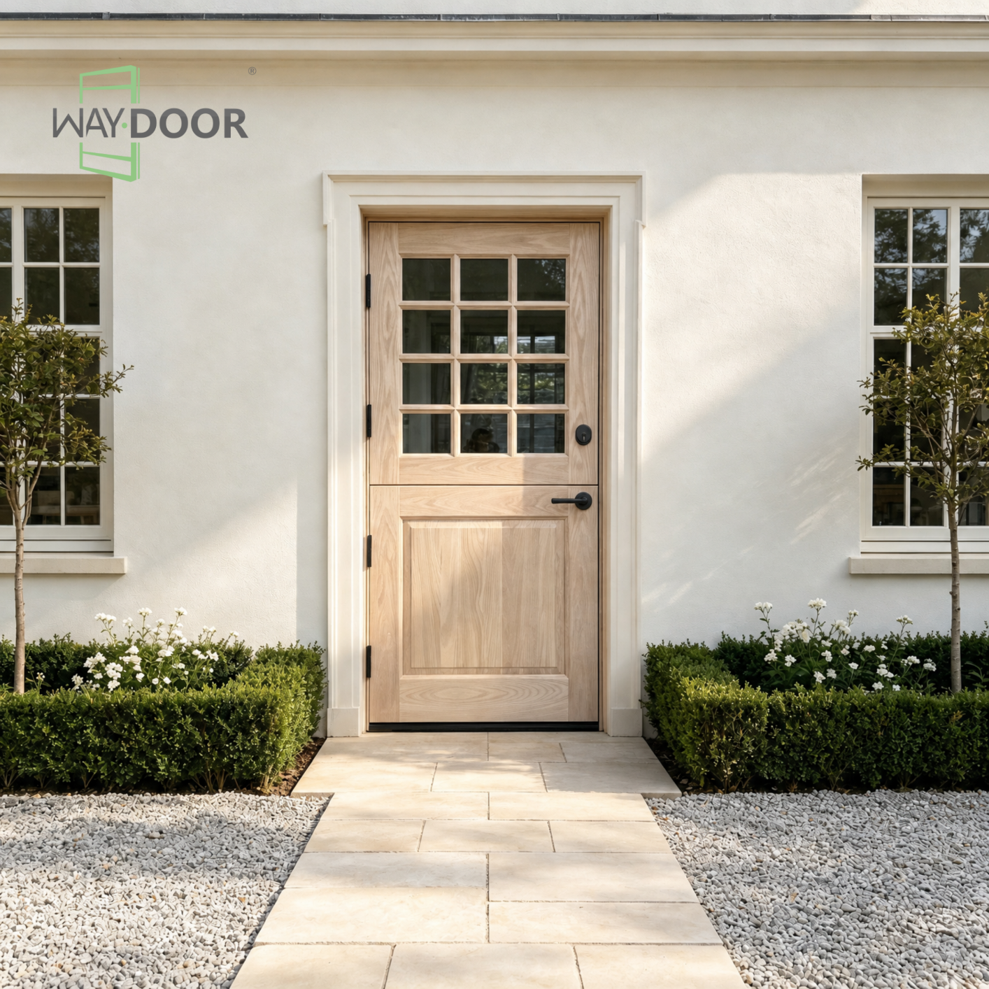 Solid Wood Dutch Door with 12‑Light Clear Glass Grilles