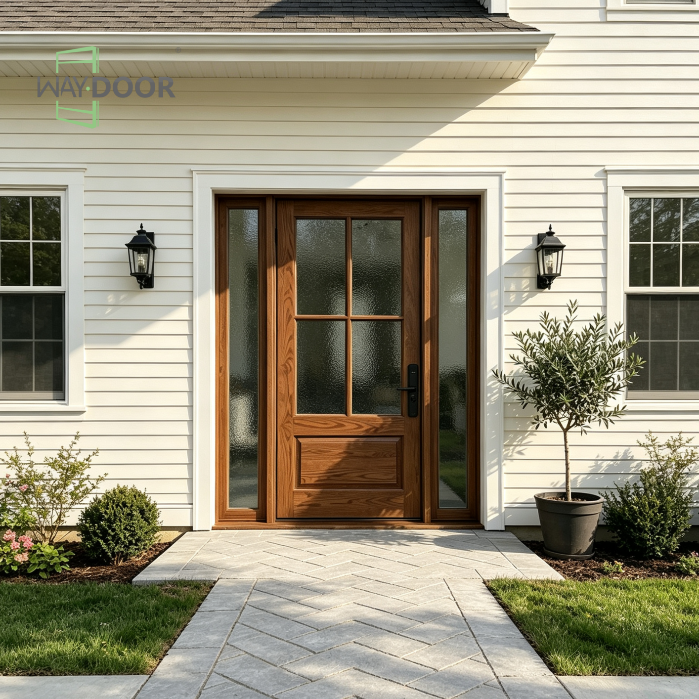 Solid Wood Entry Door with 4-Lite Patterned Glass & Sidelites