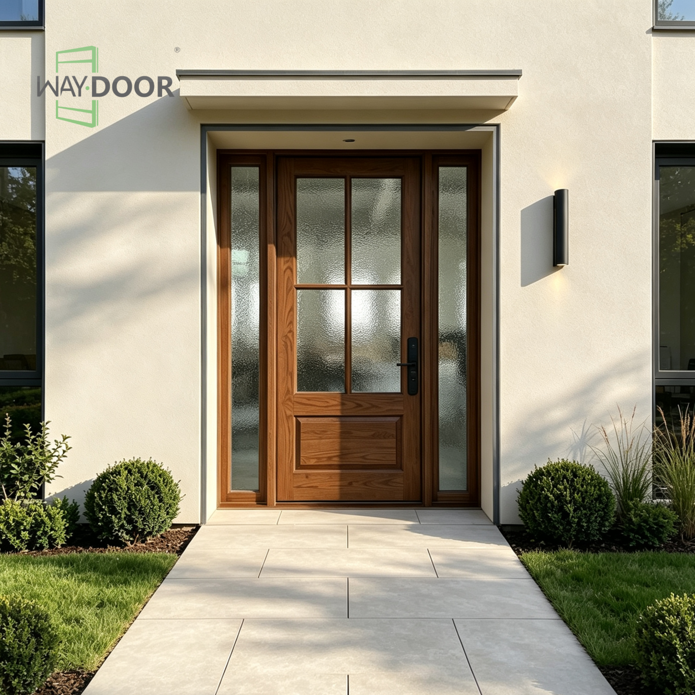 Solid Wood Entry Door with 4-Lite Patterned Glass & Sidelites
