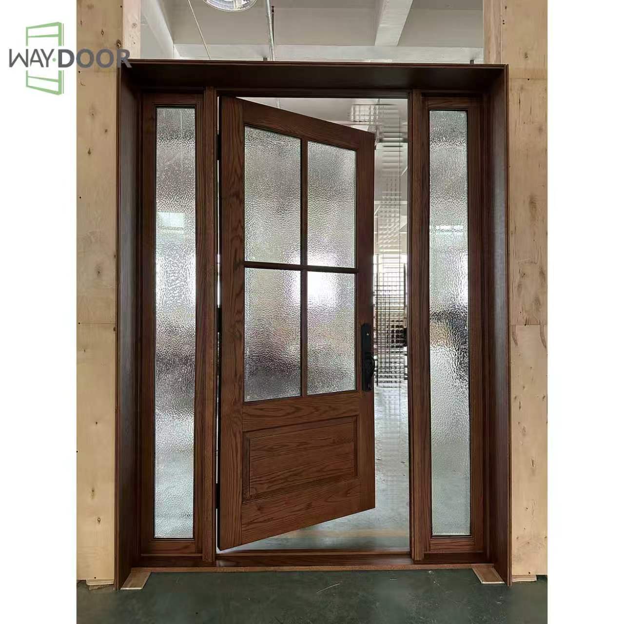 Solid Wood Entry Door with 4-Lite Patterned Glass & Sidelites