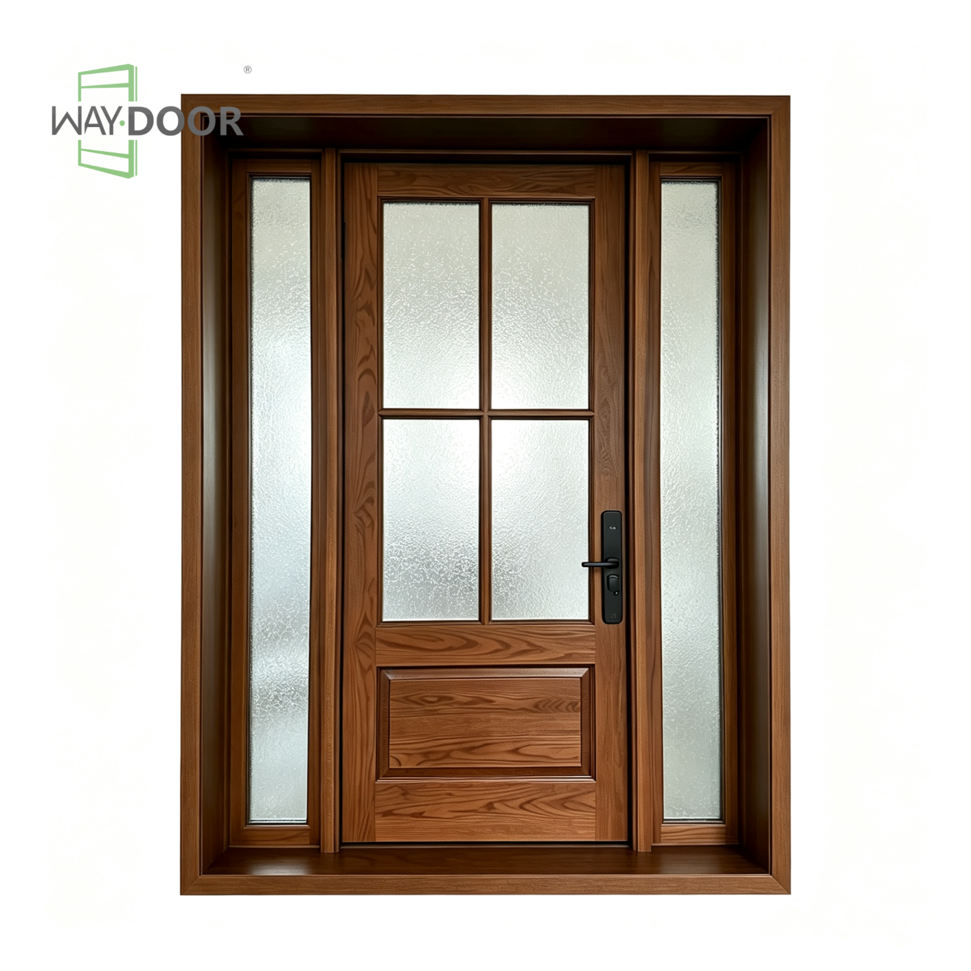 Solid Wood Entry Door with 4-Lite Patterned Glass & Sidelites