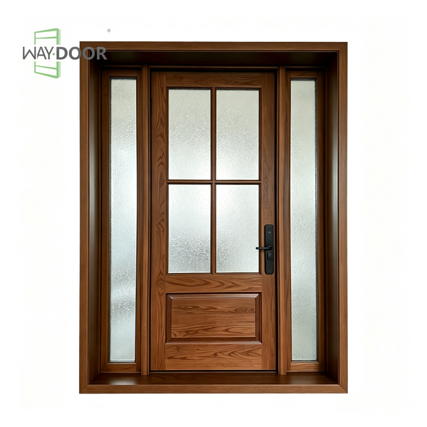 Solid Wood Entry Door with 4-Lite Patterned Glass & Sidelites