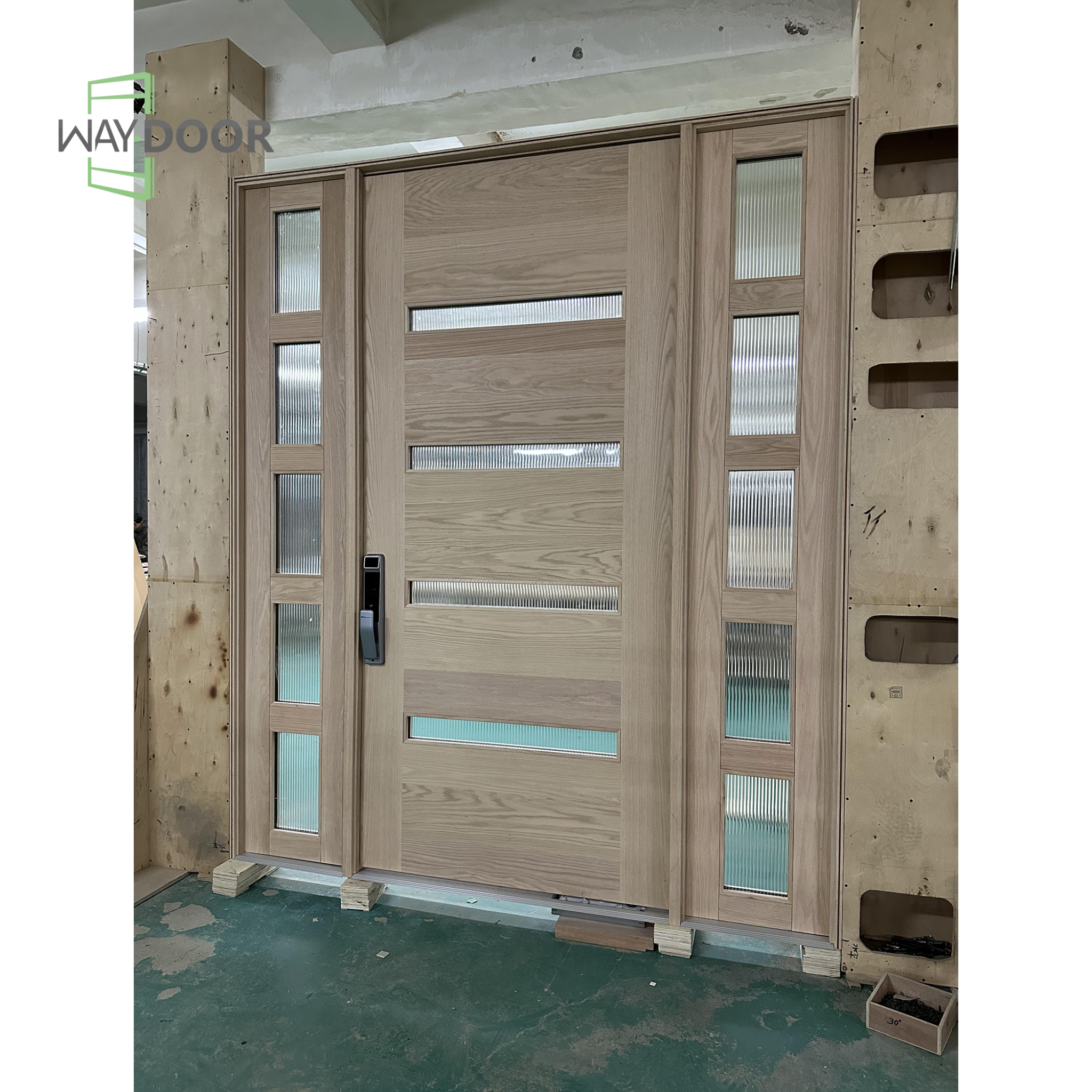 Solid Wood Flush Entry Door with 2 Sidelites