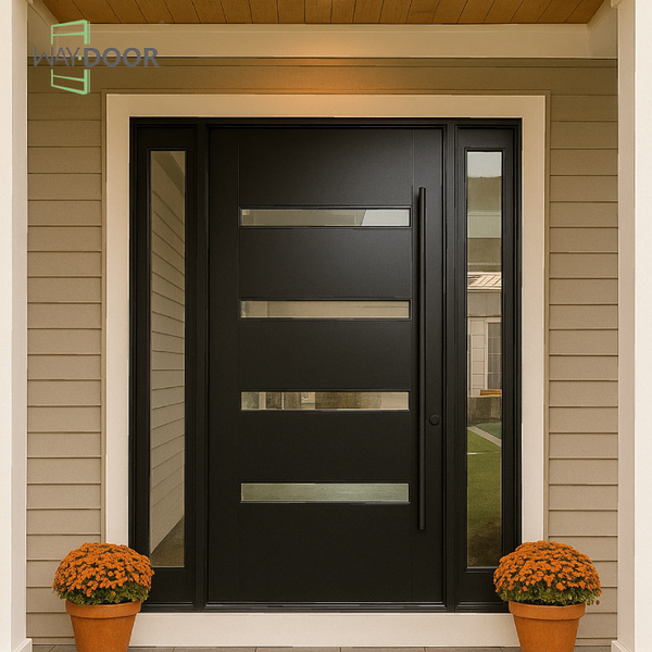 Modern Solid Wood Pivot Front Door with Glass Sidelights