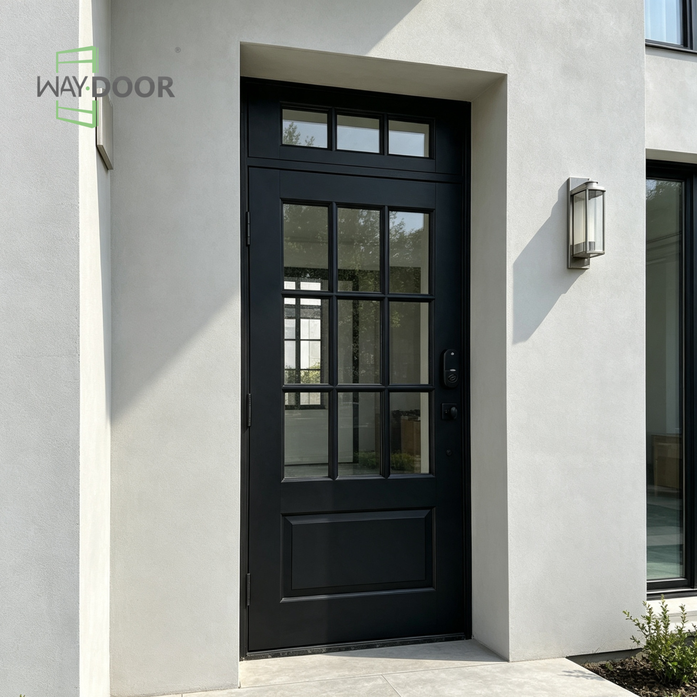 Solid Wood Grid‑Glass Exterior Entry Door with Transom