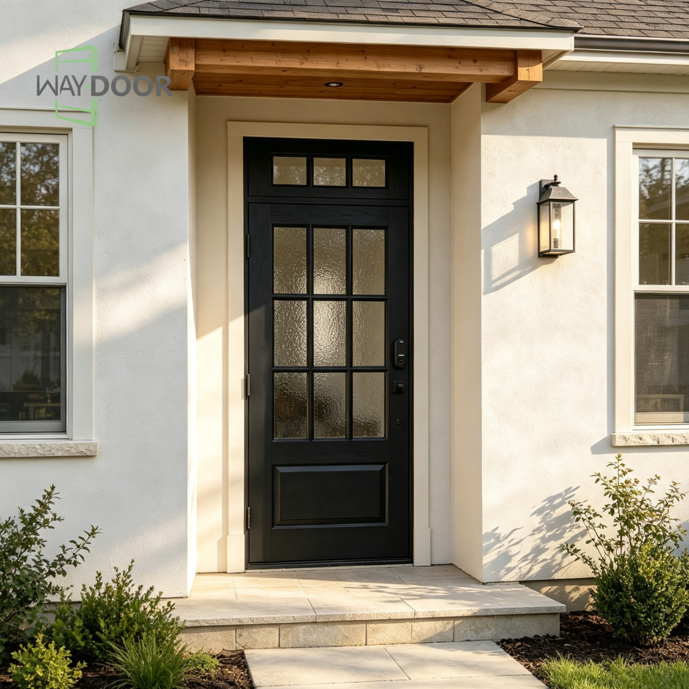 Solid Wood Grid‑Glass Exterior Entry Door with Transom