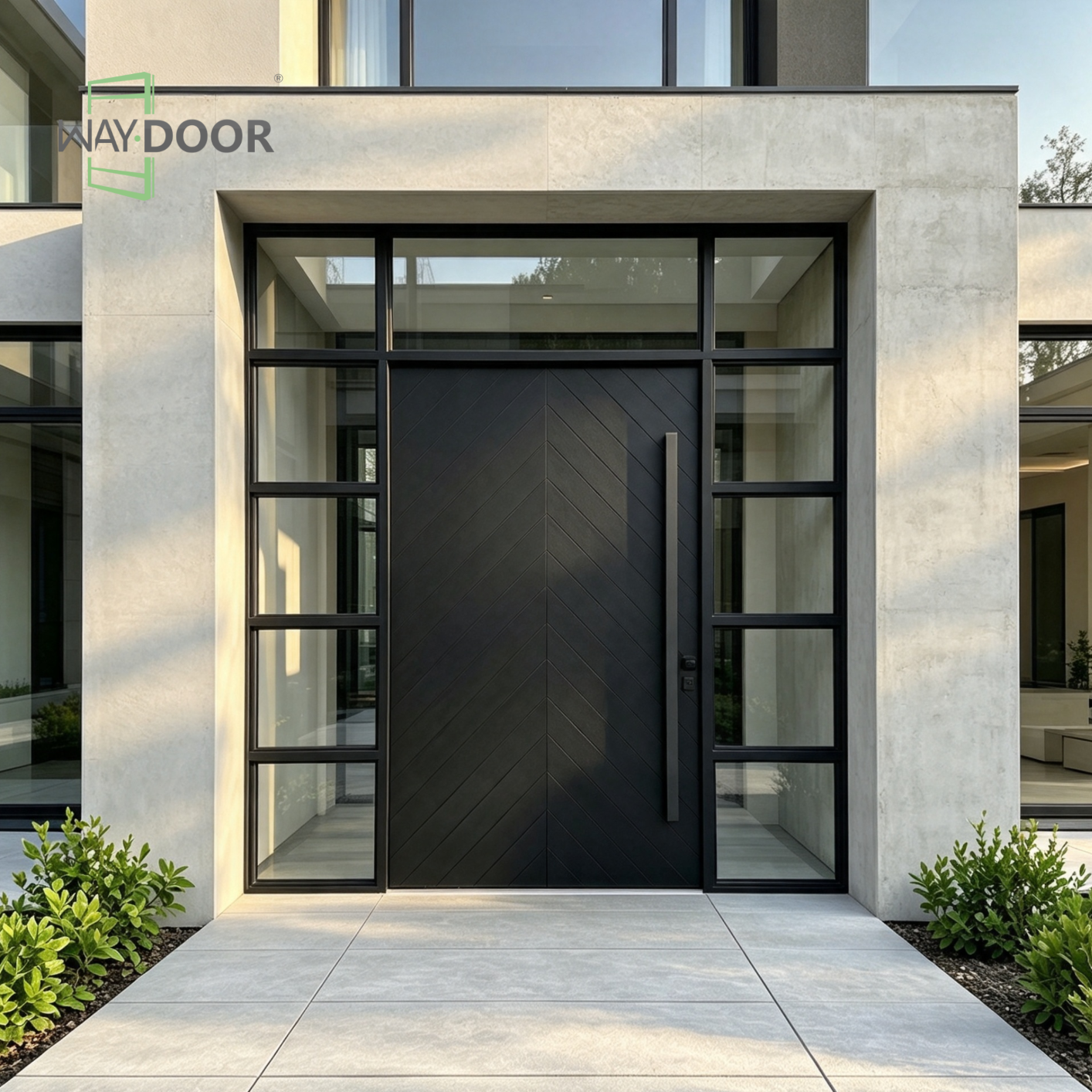 Solid Wood Herringbone Pivot Entry Door with Sidelites & Transom