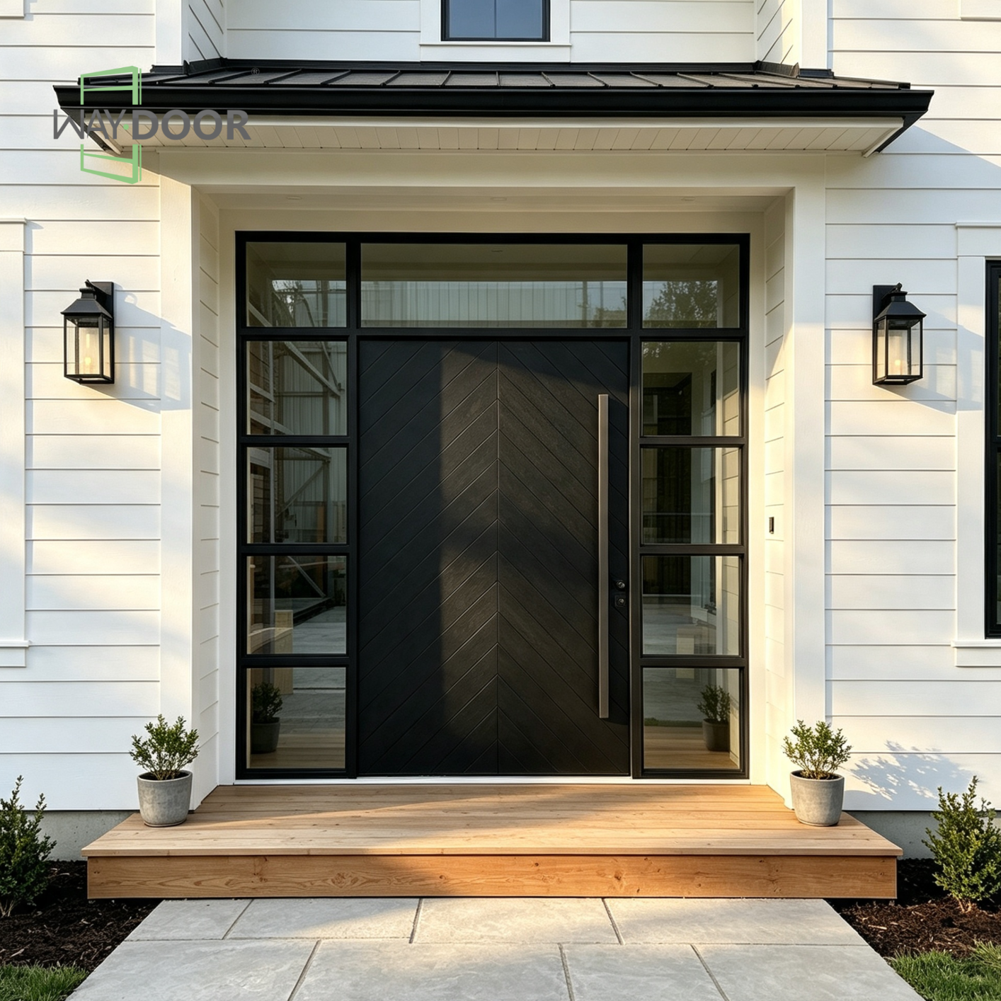 Solid Wood Herringbone Pivot Entry Door with Sidelites & Transom