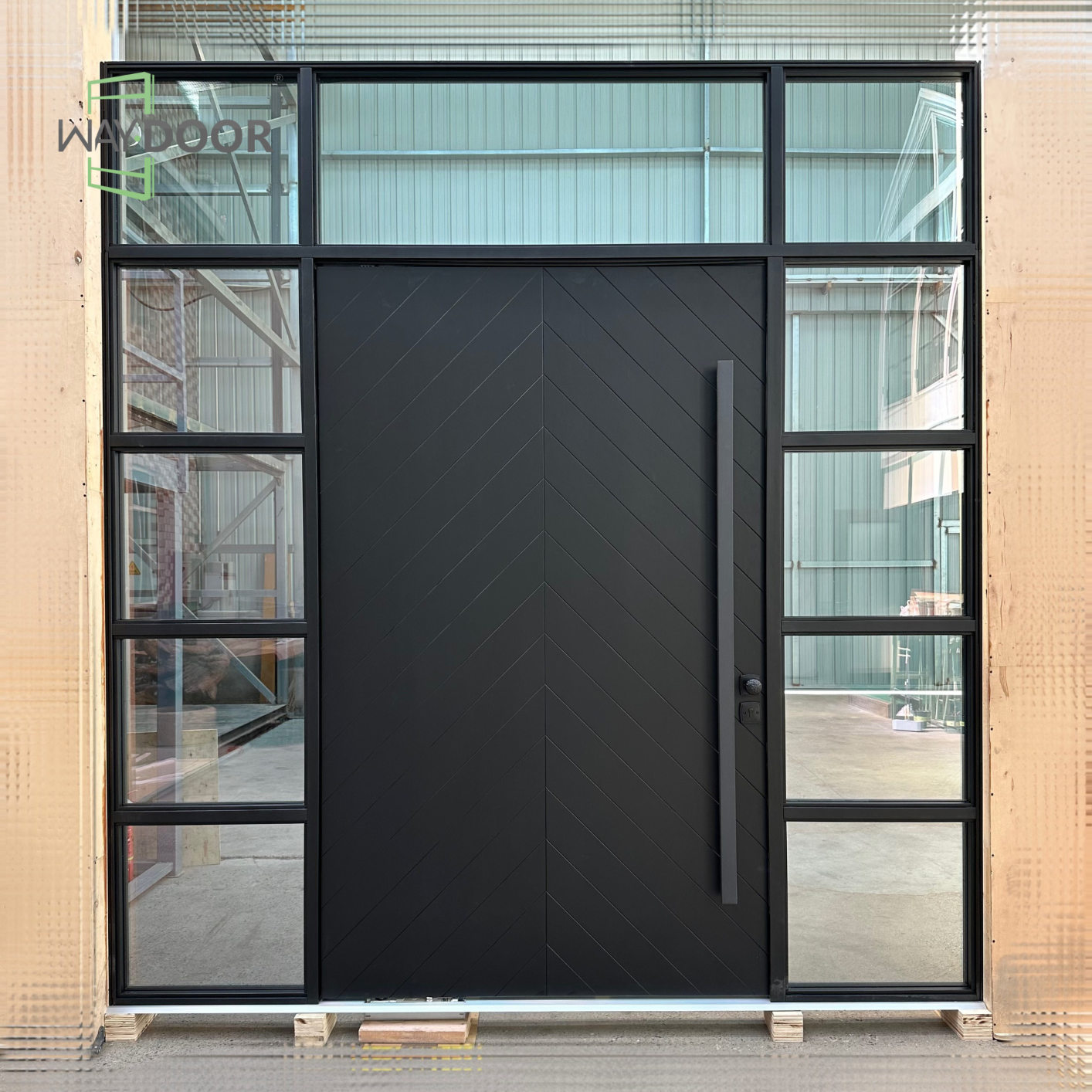 Solid Wood Herringbone Pivot Entry Door with Sidelites & Transom