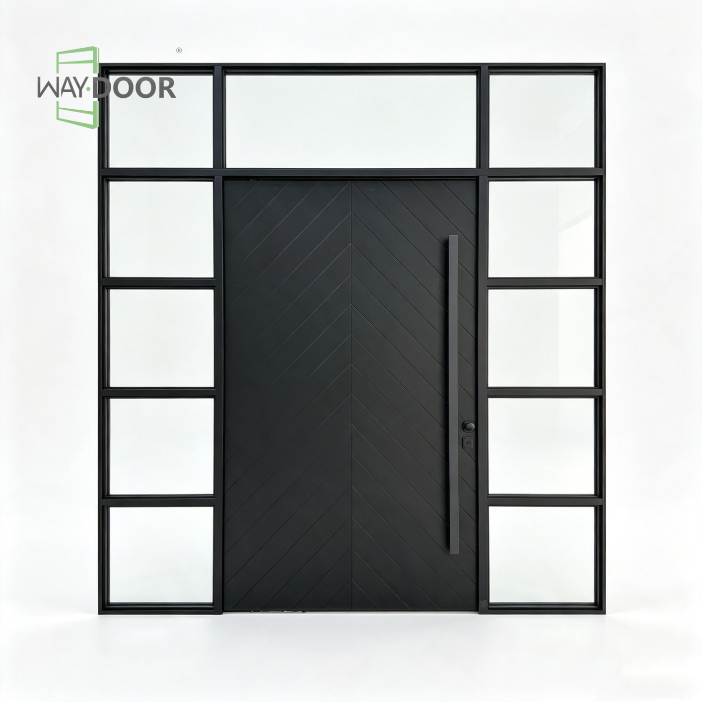 Solid Wood Herringbone Pivot Entry Door with Sidelites & Transom