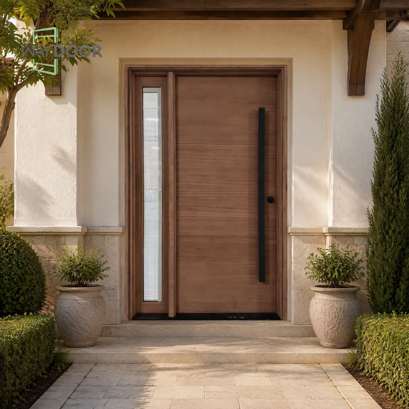 Solid Wood Hinged Entry Door with Clear Glass Sidelight