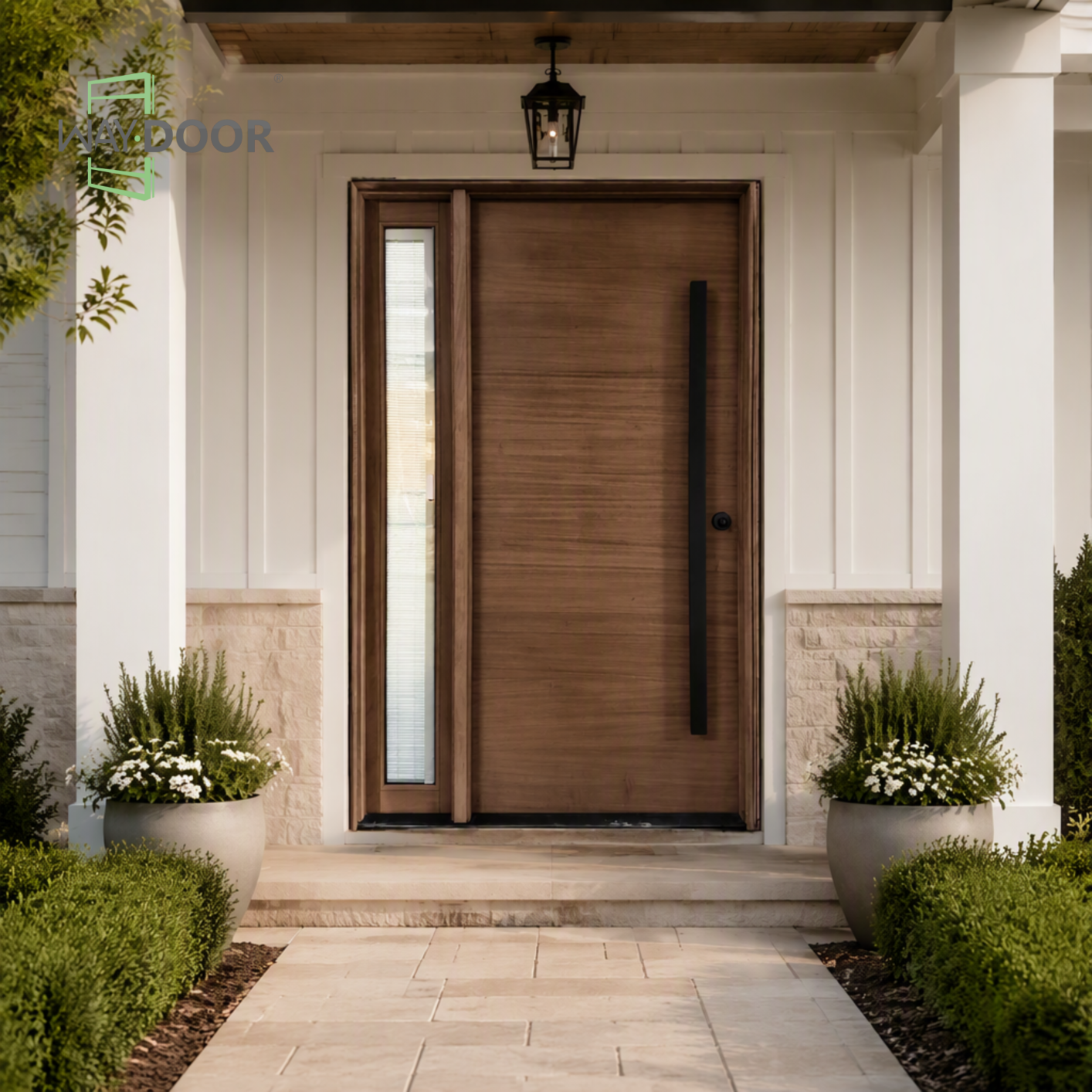 Solid Wood Hinged Entry Door with Clear Glass Sidelight
