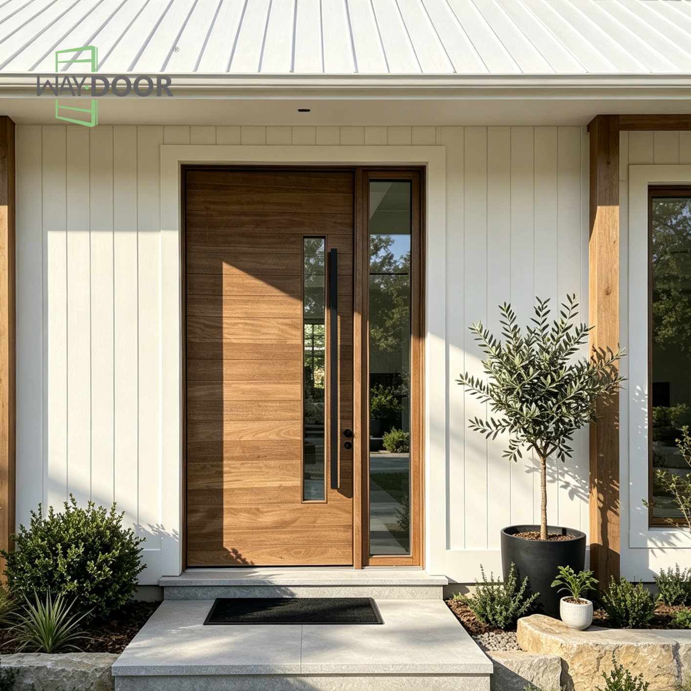 Solid Wood Horizontal Pivot Entry Door with Clear Glass Sidelight