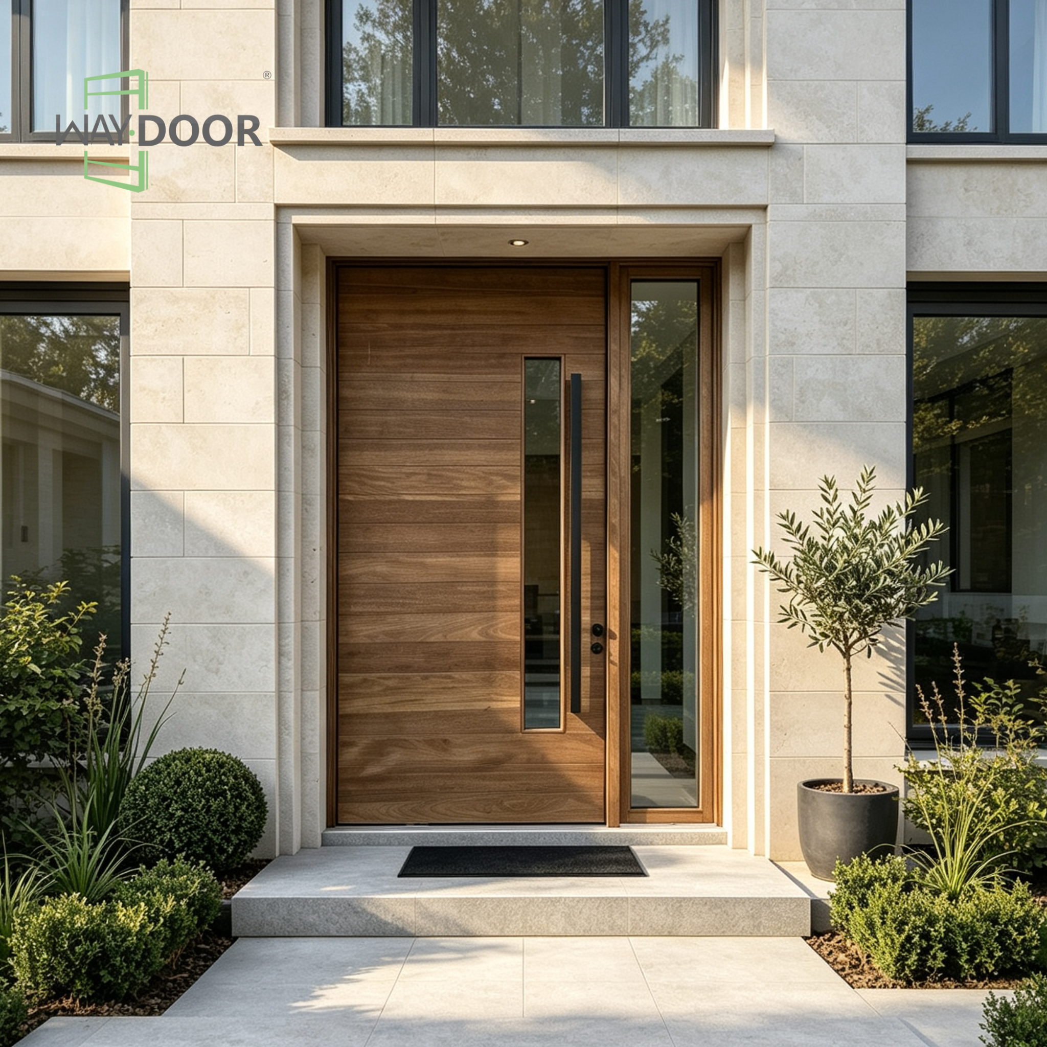Solid Wood Horizontal Pivot Entry Door with Clear Glass Sidelight