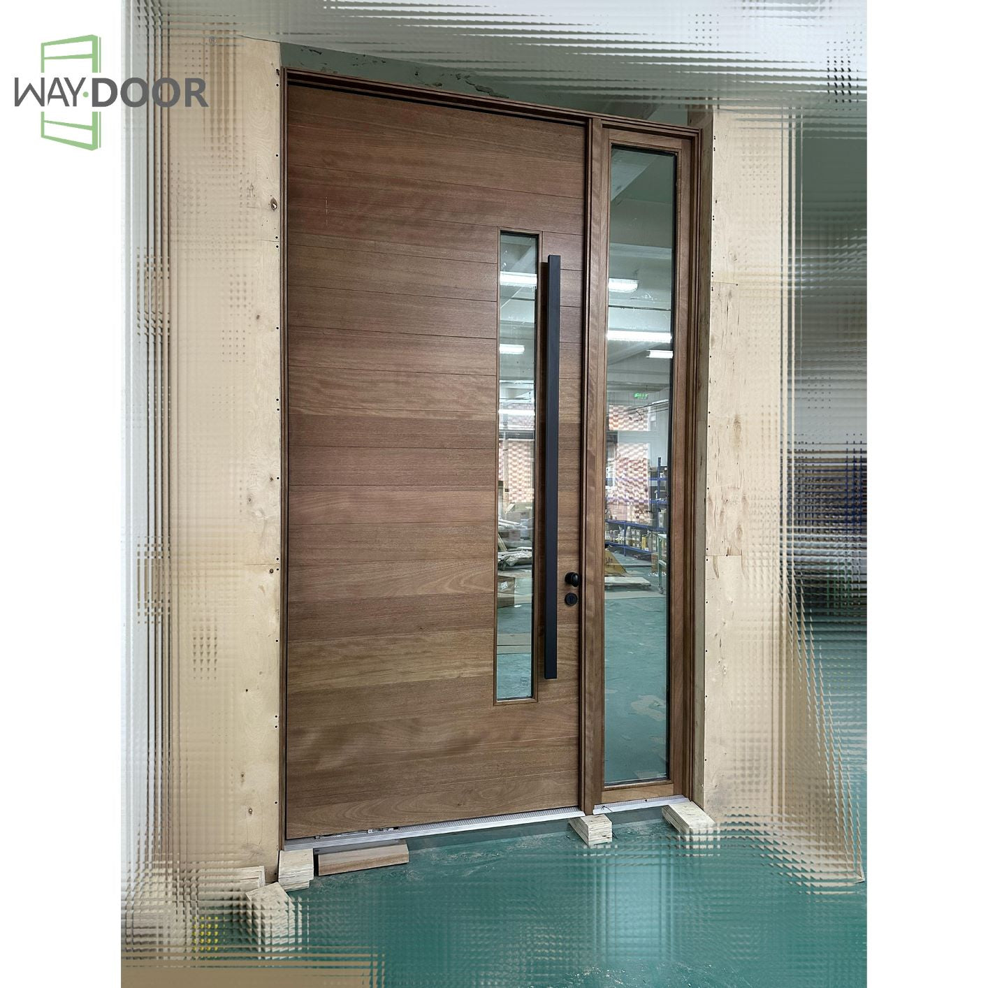 Solid Wood Horizontal Pivot Entry Door with Clear Glass Sidelight