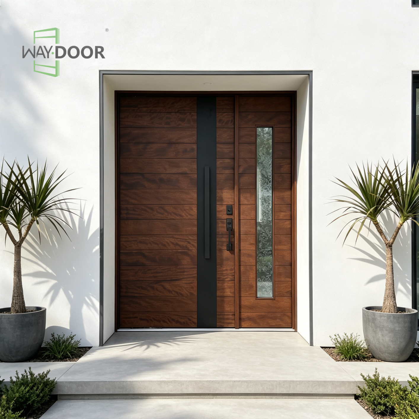 Solid Wood Horizontal Slat Pivot Entry Door with Clear Sidelite