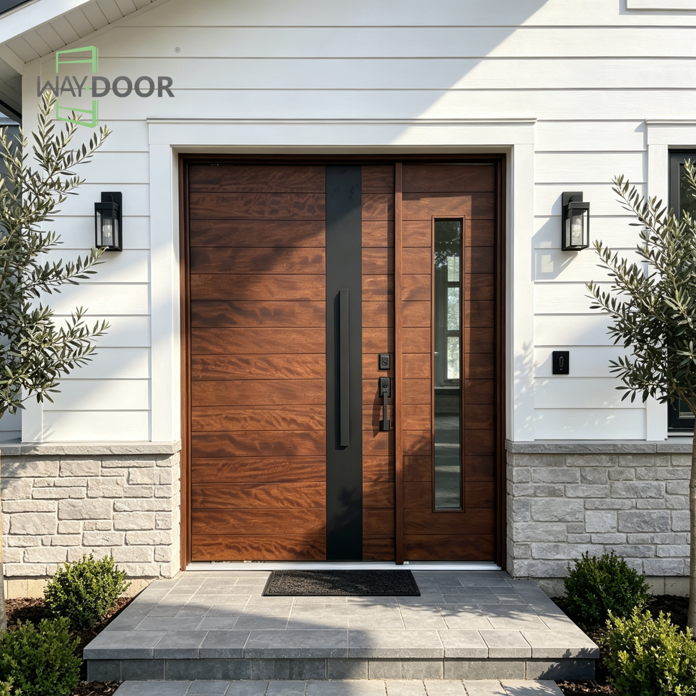 Solid Wood Horizontal Slat Pivot Entry Door with Clear Sidelite