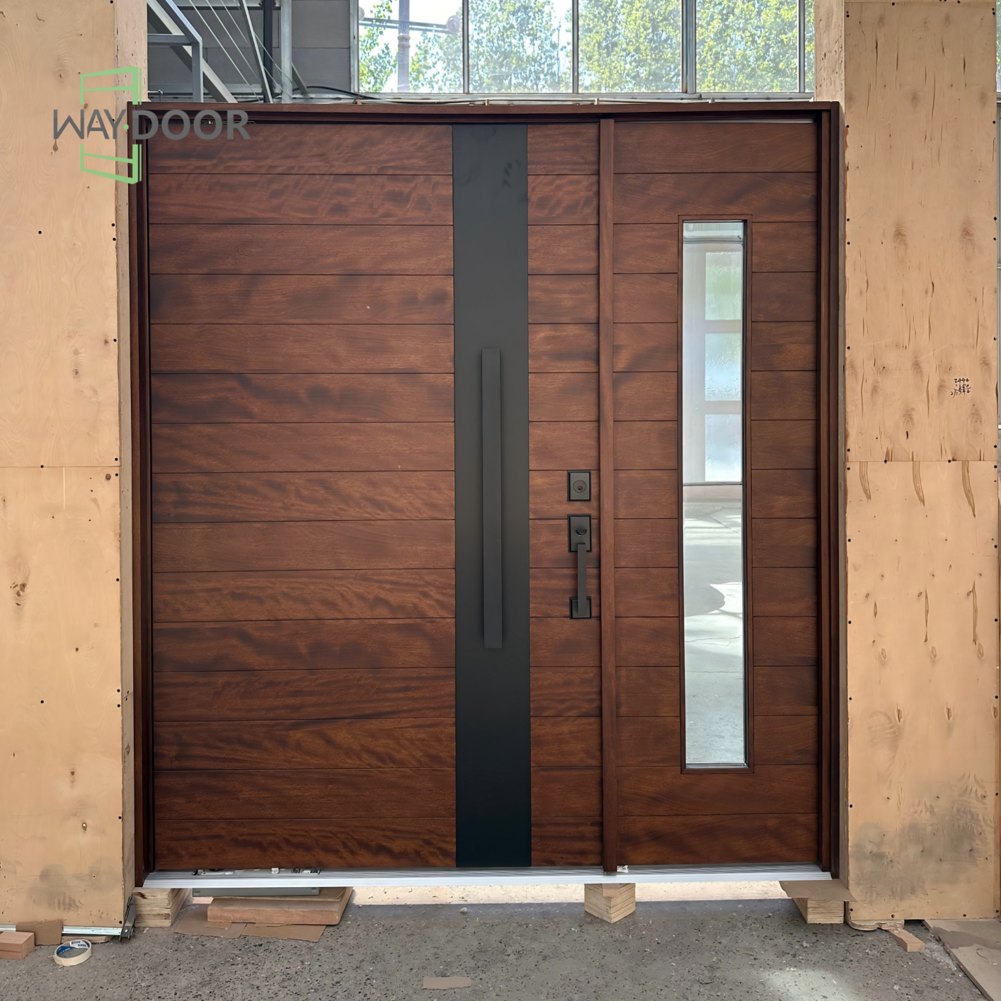 Solid Wood Horizontal Slat Pivot Entry Door with Clear Sidelite