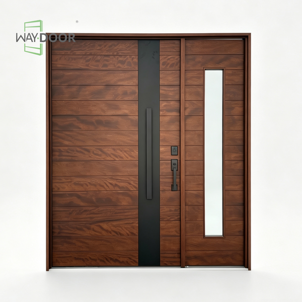 Solid Wood Horizontal Slat Pivot Entry Door with Clear Sidelite