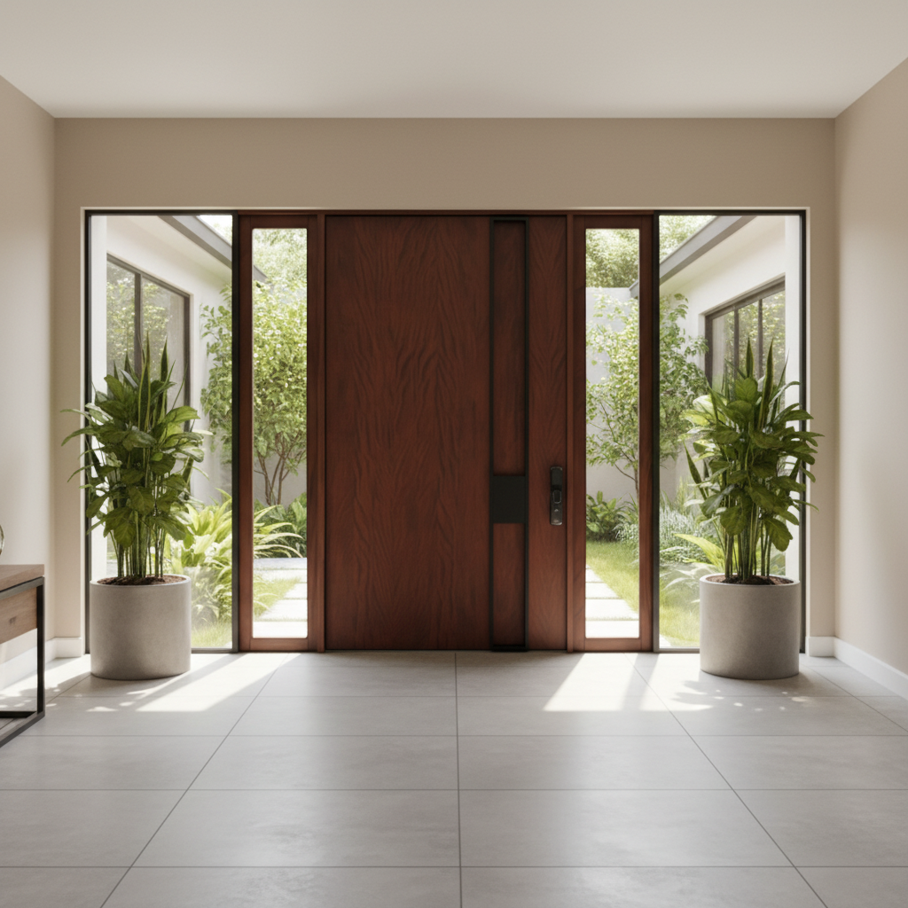 Solid Wood Pivot Door with Double Glass Sidelights