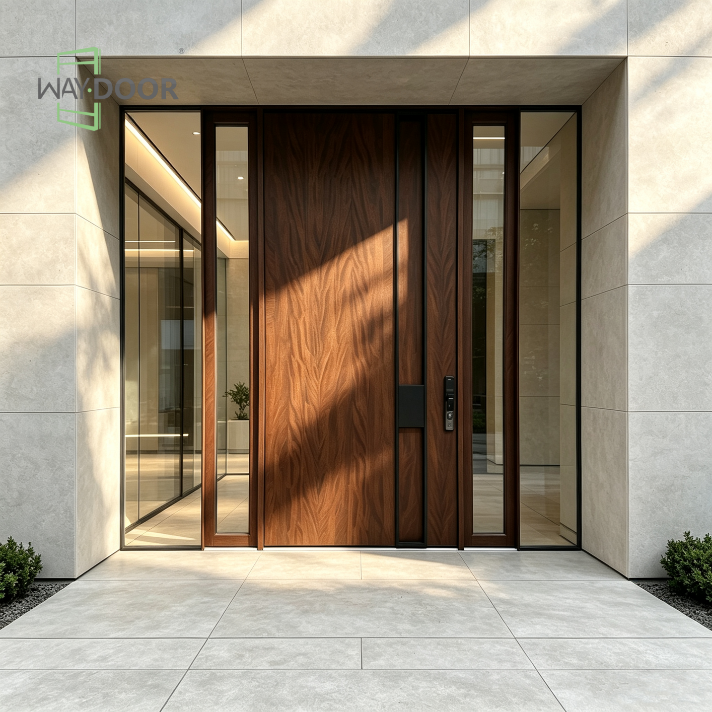 Solid Wood Pivot Door with Double Glass Sidelights