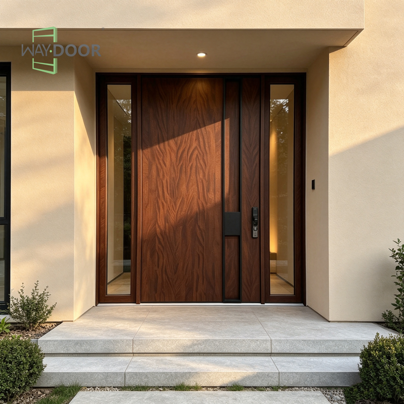 Solid Wood Pivot Door with Double Glass Sidelights
