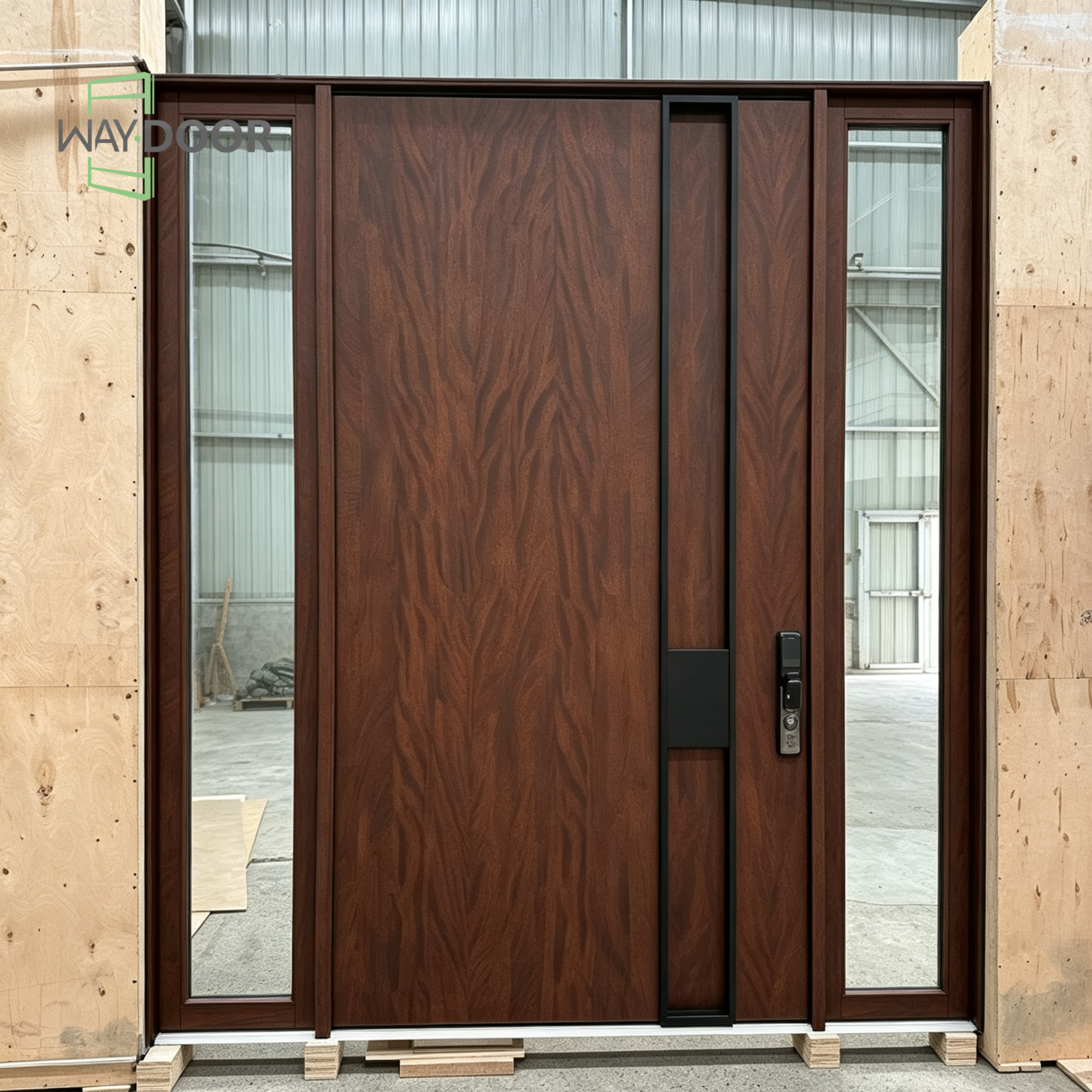 Solid Wood Pivot Door with Double Glass Sidelights