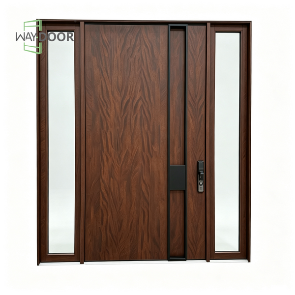 Solid Wood Pivot Door with Double Glass Sidelights