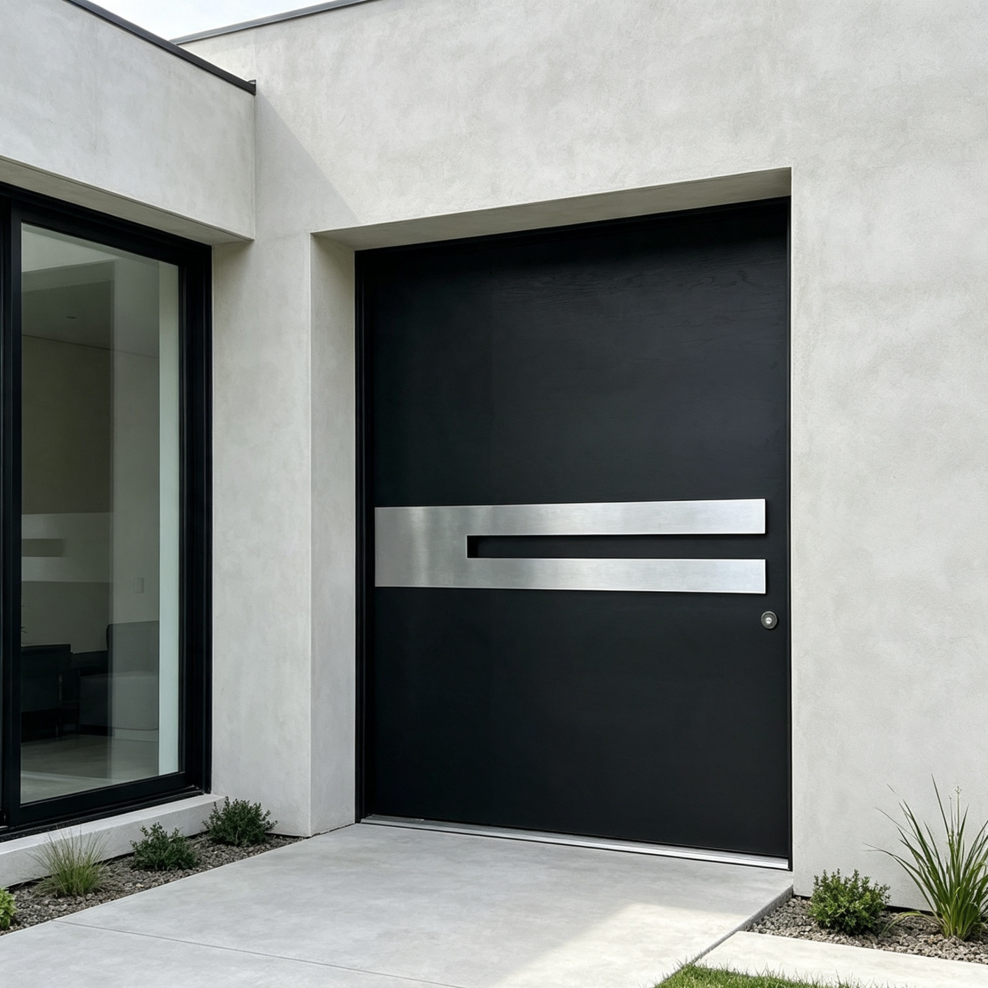 Solid Wood Pivot Entry Door With Metal Inlay