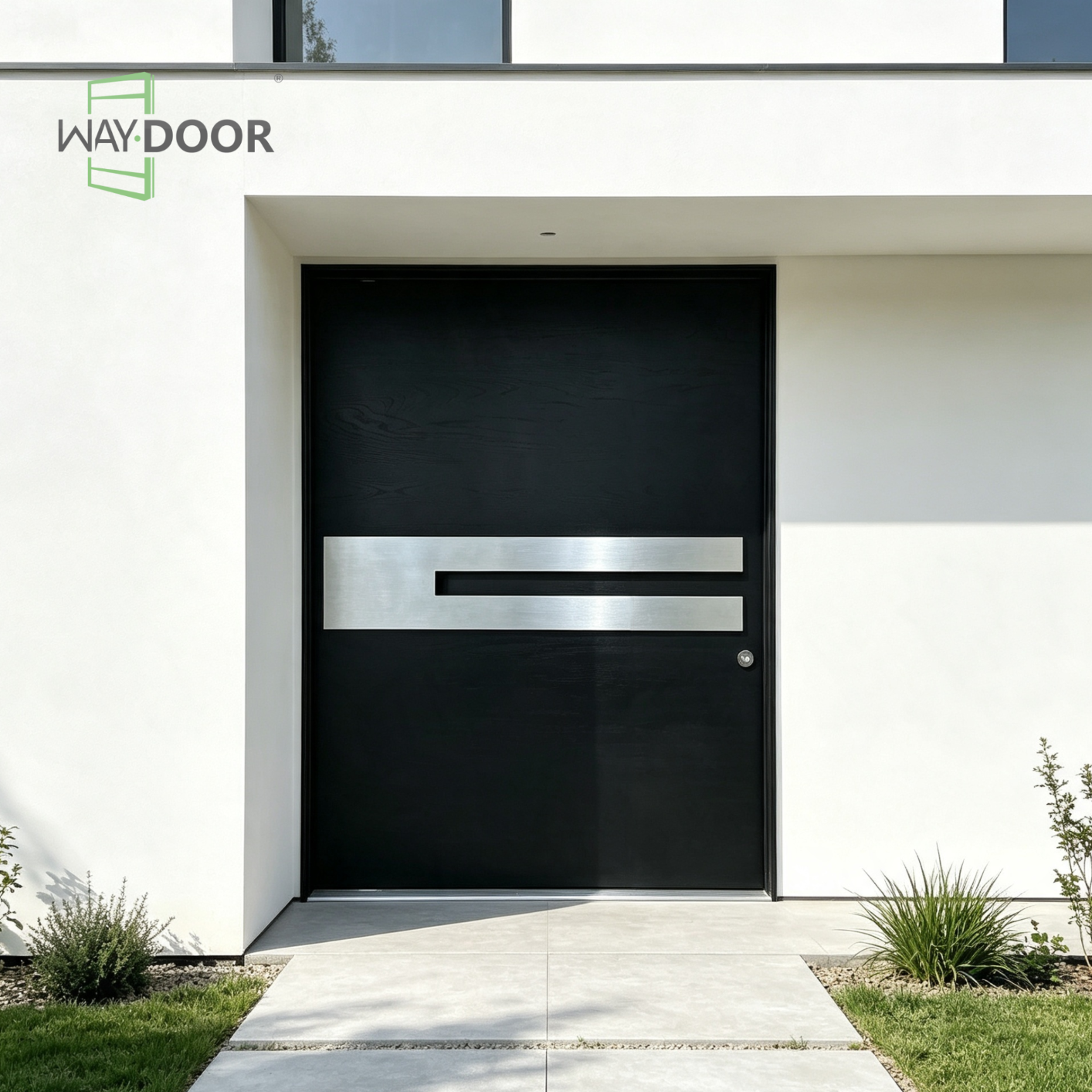 Solid Wood Pivot Entry Door With Metal Inlay