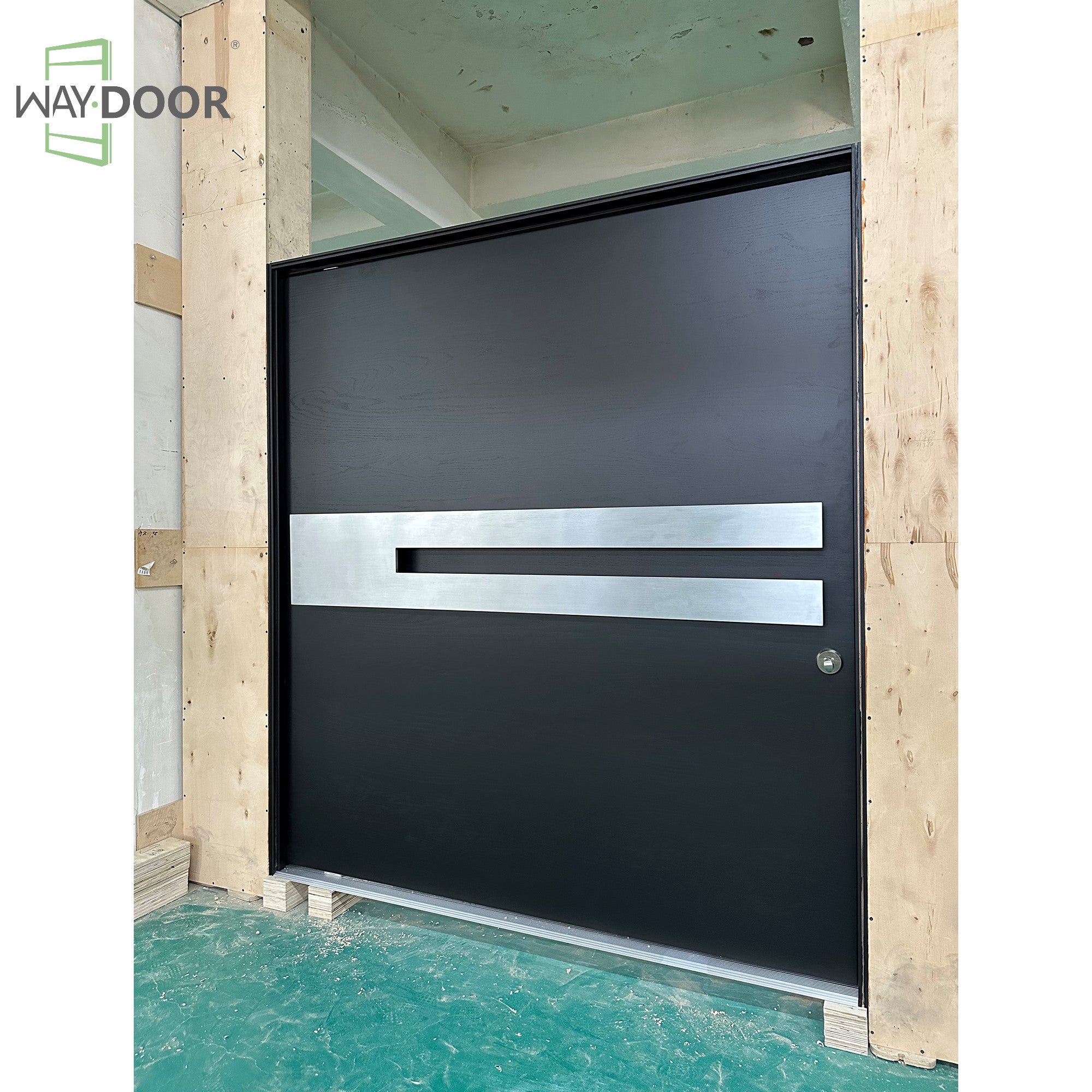 Solid Wood Pivot Entry Door With Metal Inlay