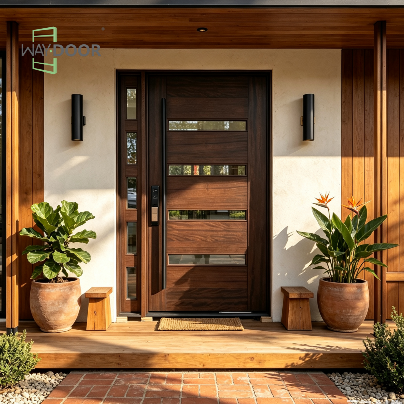 Solid Wood Pivot Entry Door with Clear Glass Sidelite