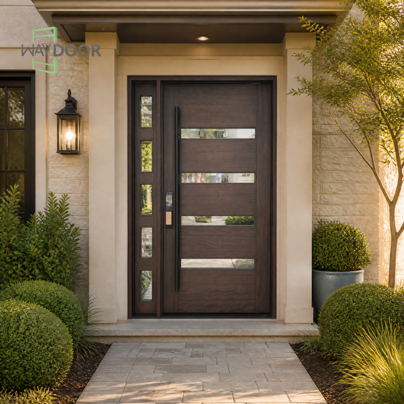 Solid Wood Pivot Entry Door with Clear Glass Sidelite