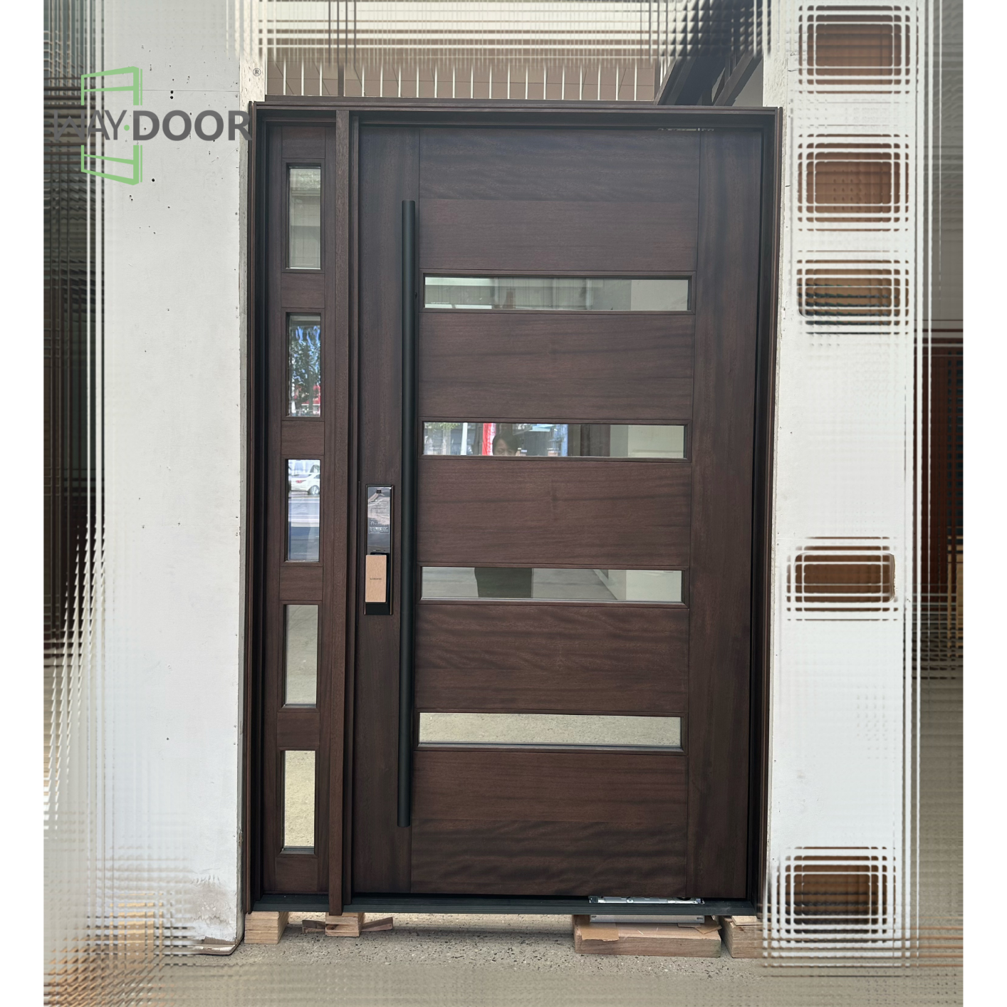 Solid Wood Pivot Entry Door with Clear Glass Sidelite