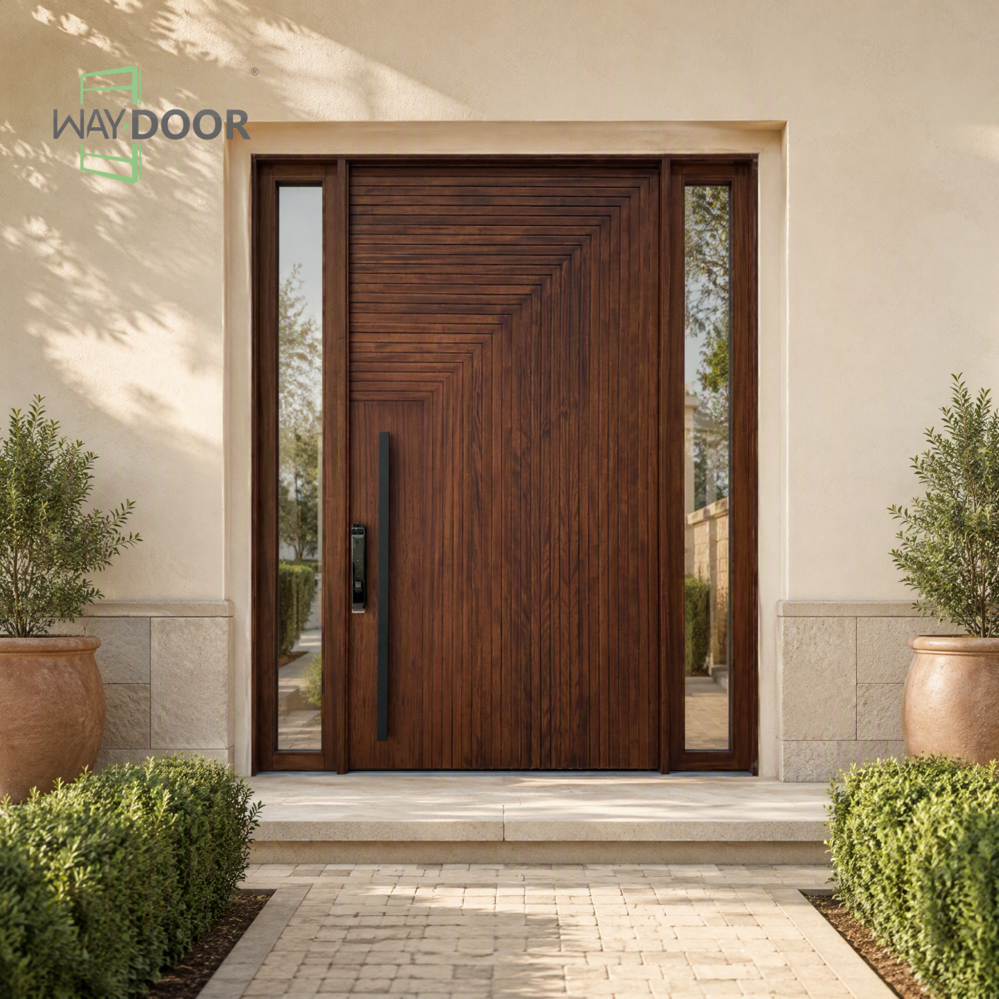 Solid Wood Pivot Entry Door with Clear Sidelights
