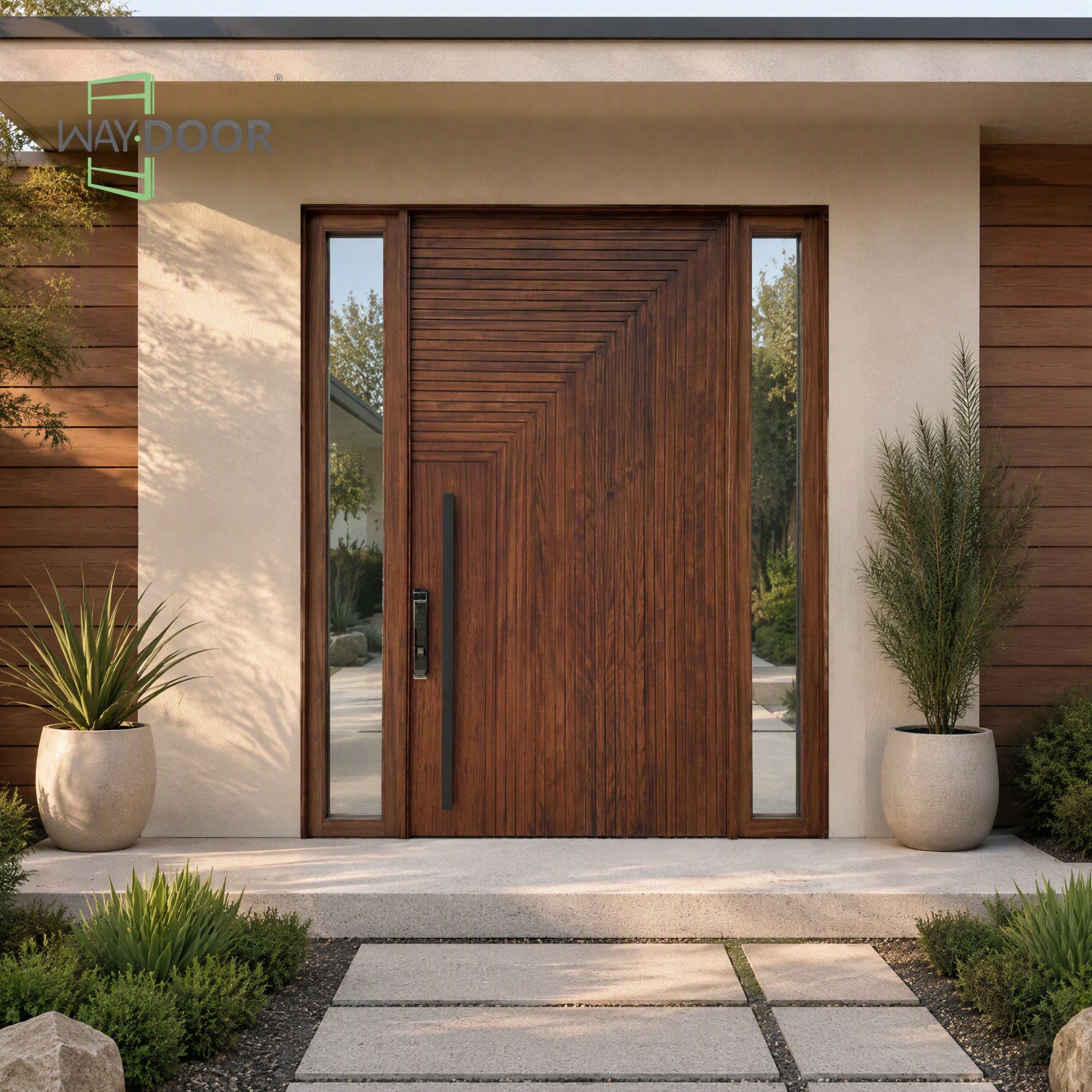 Solid Wood Pivot Entry Door with Clear Sidelights